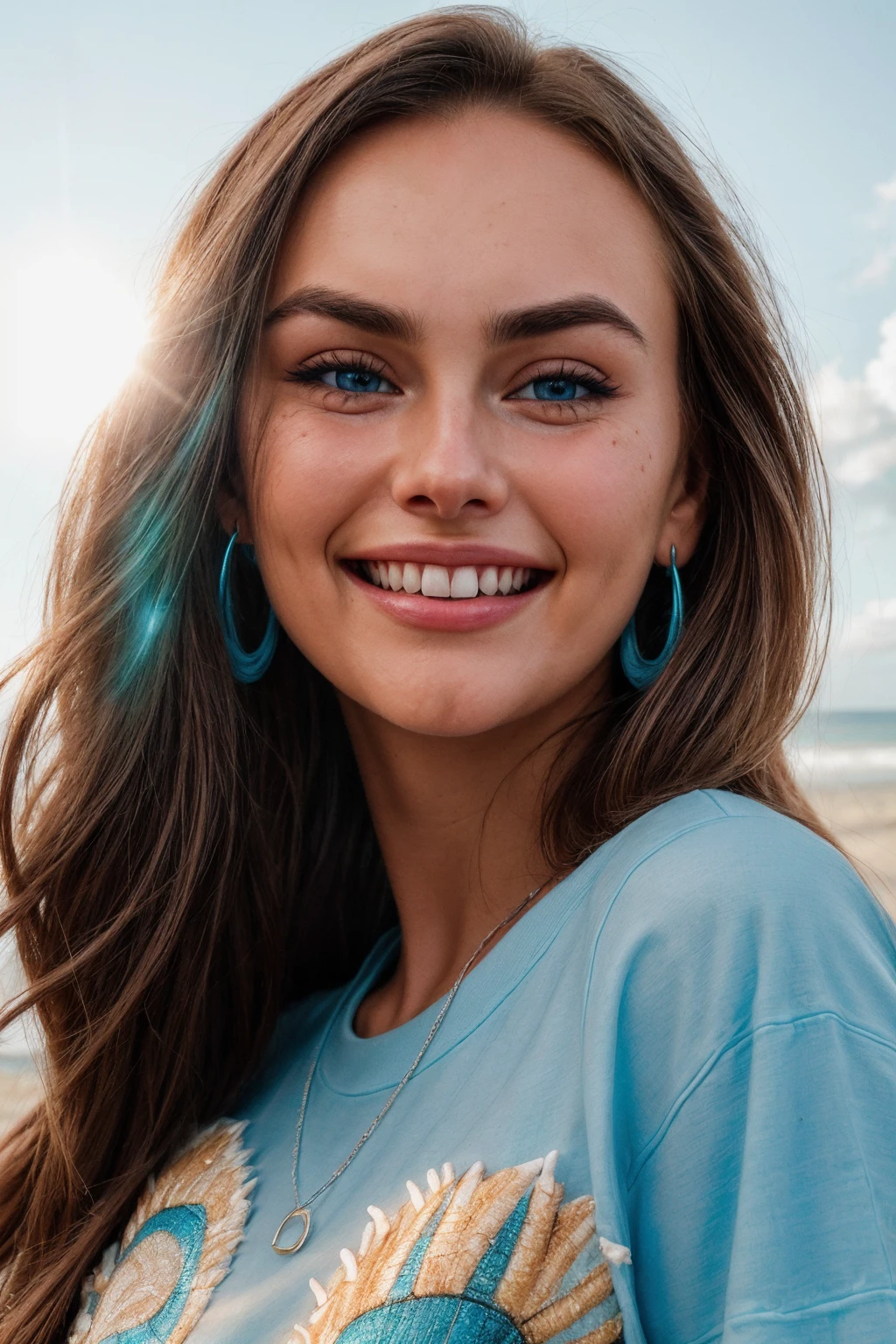 (FACIAL EXTREME CLOSE_UP:1.5) (Shot on Aaton LTR 54) Wild-Cats-Island_Brooke(CYAN T-SHIRT:1.4)(lens flare:1.4)<lora:more_details:0.5> insanely detailed and intricate, character, hypermaximalist, beautiful, exotic, revealing, appealing, attractive, amative, hyper realistic, (super detailed:1.3),  (Palms, Beach, Sunshine:1.4) (smiling:1.6)