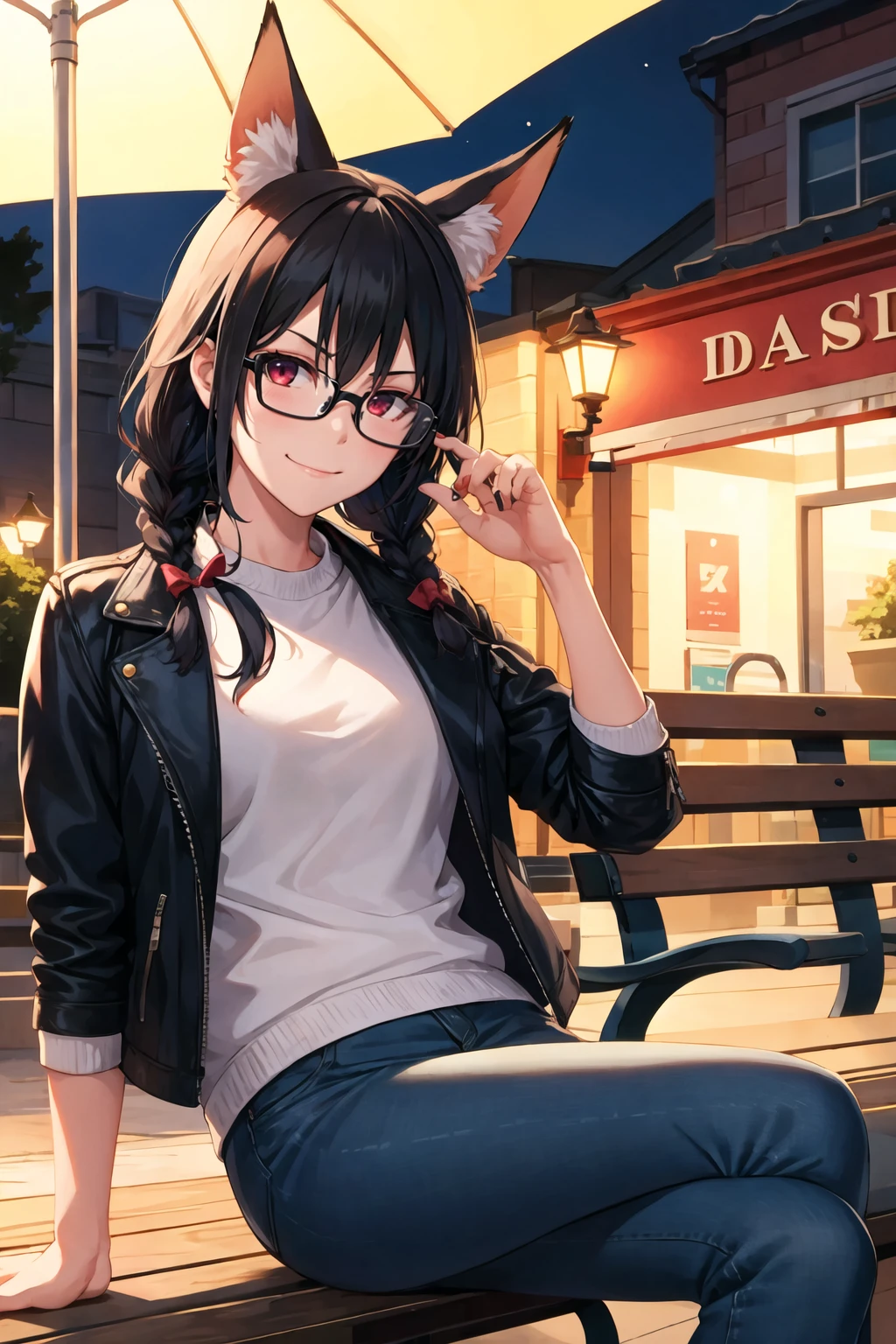 1girl, solo, sidelocks, twinbraids, (black hair), red eyes, smug, smirk, glasses, sitting, bench, partk, at night, long hair, white sweater, (leather jacket), (black jacket:1.2), fox girl, fox ears, fox tail, jeans, black tail,  <lora:Misaki-Kurehito-Locon:1>