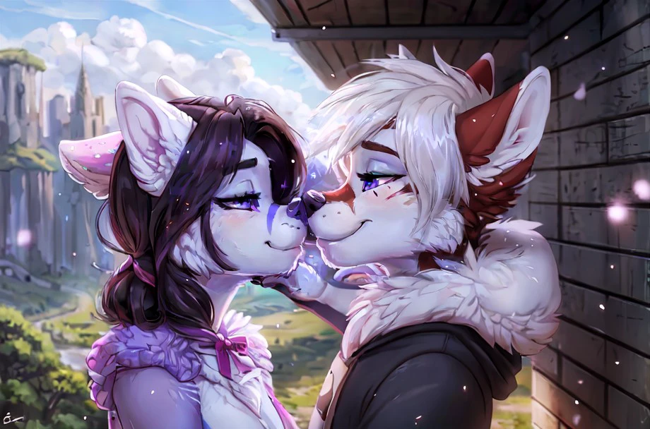 Anthropomorphic male crimson fox, with purple eyes, pink nose, black horns, black sholders, white hands, is kissing passionately with a male snow leopard with purple eyes and 4 ears, eyes closed, outside, different views, in a park, morning digital art, duo.