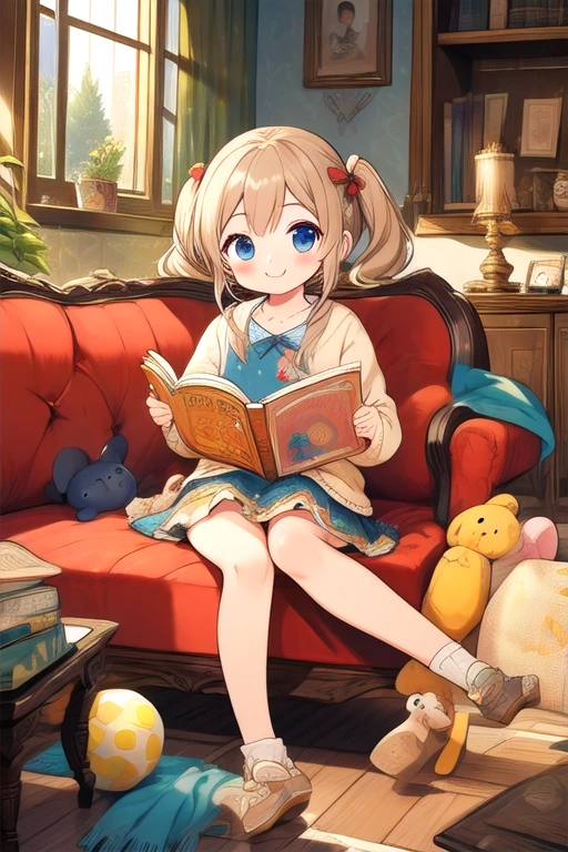 (masterpiece), (best quality), (extremely detailed), photorealistic, (1girl), solo, looking at viewer, smile, slender, evenly sized eyes, extremely detailed eyes, ((A *****, small cute plush ball errings, pigtails, jumper skirt, A charming smile, reading picture-story book)), full body, indoors, living room, couch, extremely detailed wallpaper, (parfect detail features), 8k, UHD,