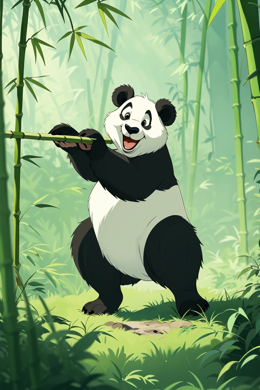 master piece, high quality, A panda in the bamboo forest, Disney style,animated film, cartoon