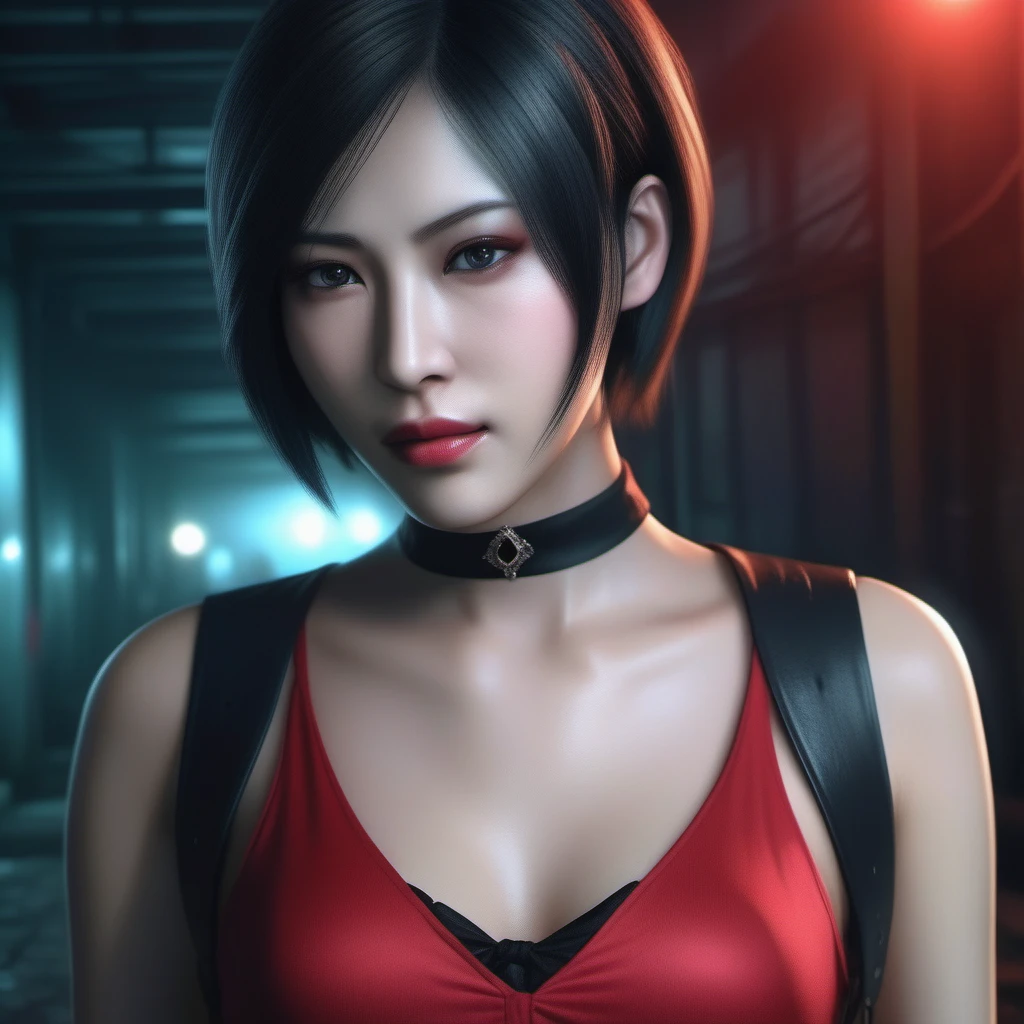 Ultra-realistic extremely detailed real life 8k masterpiece of a gorgeous asian woman re ada wong <lora:re ada wong:0.7> wearing black pantyhose re2 style dress in a dark alley at night, extremely detailed facial features, dark scary epic lighting, horror composition