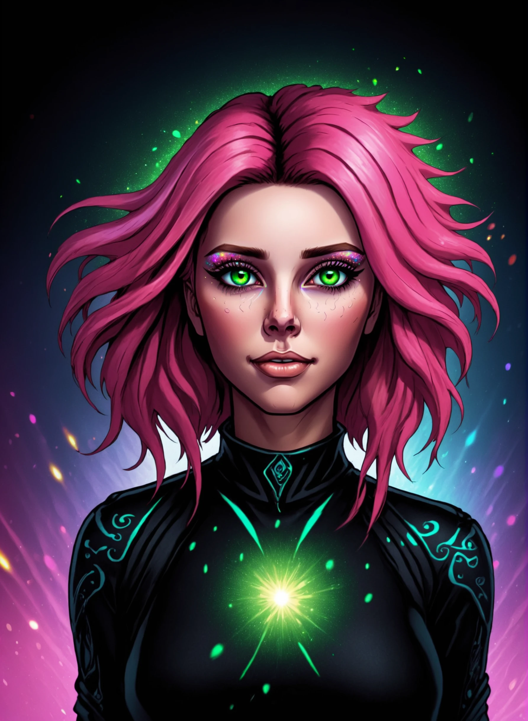 (masterpiece, best quality, ultra-detailed, best shadow), (detailed background, dark fantasy), (beautiful detailed face), high contrast, (best illumination, an extremely delicate and beautiful), ((cinematic light)), colorful, hyper detail, dramatic light, intricate details, (1girl, solo, pink hair, sharp face, green eyes, hair between eyes, dynamic angle), glitter, swirling black light around the character, depth of field, bokeh, full body, LUT Like a , 4 point perspective, vantage point, full body, extremely detailed illustration by duskfall portal crew