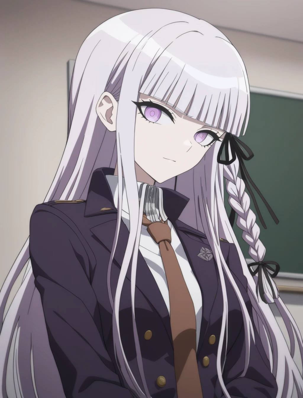 best quality,masterpiece,1girl,solo,newest,looking at viewer,rating: general,classroom,<lora:Kirigiri_Kyoko_XL-step00000400:1>,(kirigiri,  purple eyes, kirigiri kyouko, jacket, purple hair, ribbon, hair ribbon, braid, blunt bangs, black jacket, black ribbon, shirt, necktie, brown necktie, white shirt, side braid),standing,upper body,