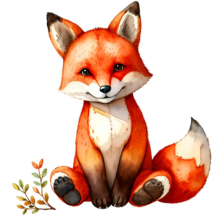 master piece, high quality, vintage watercolor, illustration, cute, stuffed animal, a cute fox, on a white background