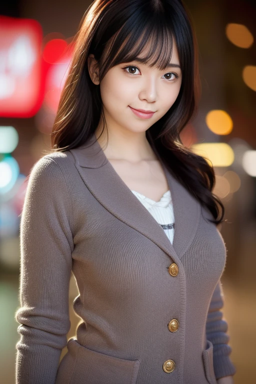 1girl,(RAW photo, best quality), (realistic, photo-realistic:1.4), masterpiece, an extremely delicate and beautiful, extremely detailed, 2k wallpaper, Amazing, finely detail, extremely detailed CG unity 8k wallpaper, ultra-detailed, highres, soft light, beautiful detailed girl, extremely detailed eyes and face, beautiful detailed nose, beautiful detailed eyes,cinematic lighting,perfect anatomy,slender body,smiling ,(bokeh:1.3)
in front of izakaya,narrow street like nakano,lights reflected on wet floor,after rain,night time,shop sign lights,winter night
(wearing cashmere jacket)
 <lora:hattie_lora:0.8>