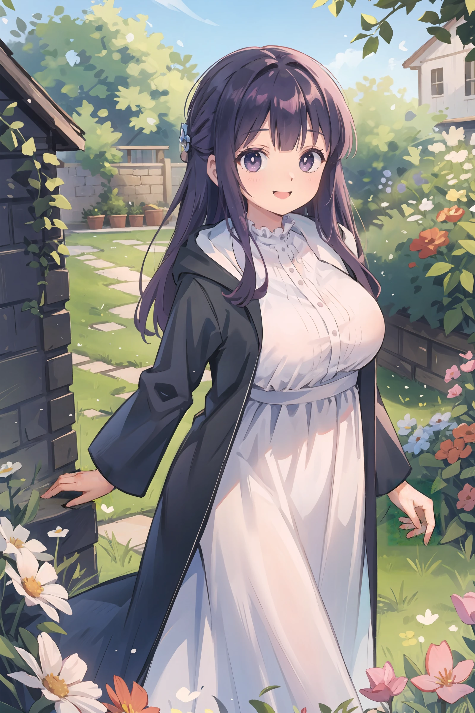 1girl, fern (sousou no frieren), solo, black coat, long white dress, cowboy shot, standing, looking at viewer, smiling, garden, outdoors, depth of field, <lora:Milf:0.7> milf, large breasts, mature female masterpiece, best quality, masterpiece