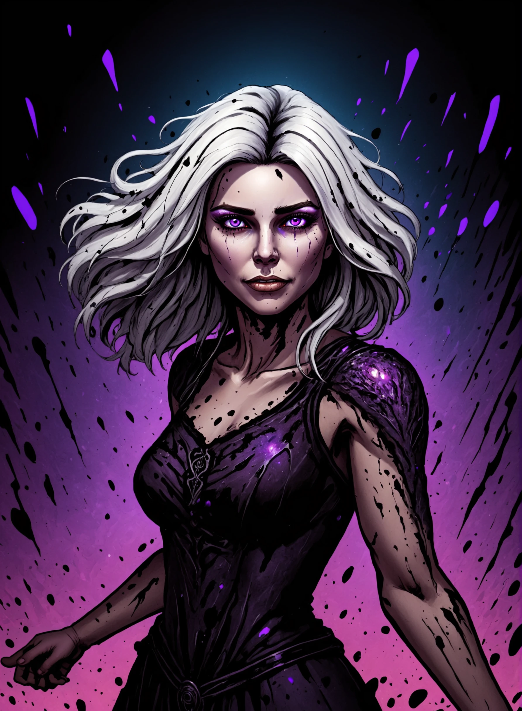 (masterpiece, best quality, ultra-detailed, best shadow), (detailed background, dark fantasy), (beautiful detailed face), high contrast, (best illumination, an extremely delicate and beautiful), ((cinematic light)), colorful, hyper detail, dramatic light, intricate details, (1girl, solo, white hair, sharp face, purple eyes, hair between eyes, dynamic angle), blood splatter, swirling black light around the character, depth of field, black light particles, (broken glass), magic circle, full body, LUT Like a , 4 point perspective, vantage point, full body, extremely detailed illustration by duskfall portal crew