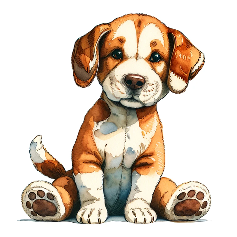 master piece, high quality, vintage watercolor, illustration, cute, stuffed animal, a cute dog, on a white background