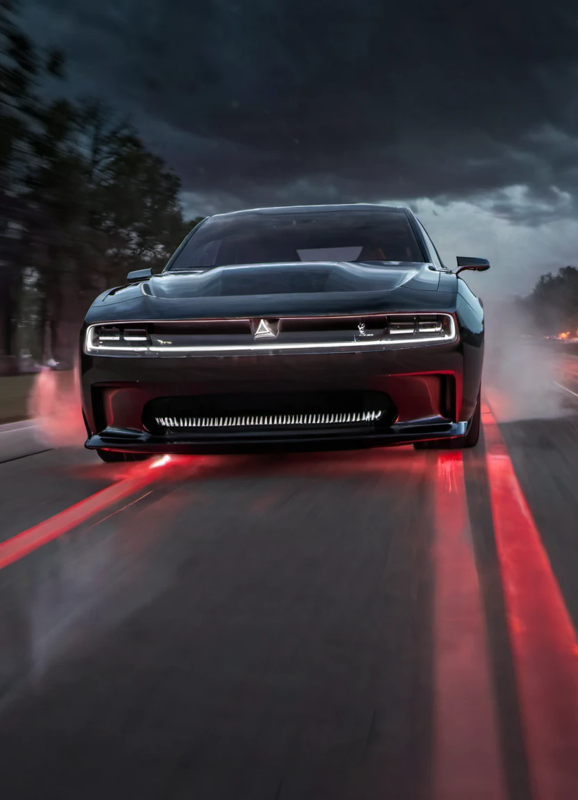 <lora:ChargerConceptSDXL_v1:1> black chargerconcept driving through the night, seen from the front with the lights on, tire smoke, dramatic, red lighting, driver, lightning and storm,
realistic, cinematic, highly detailed,