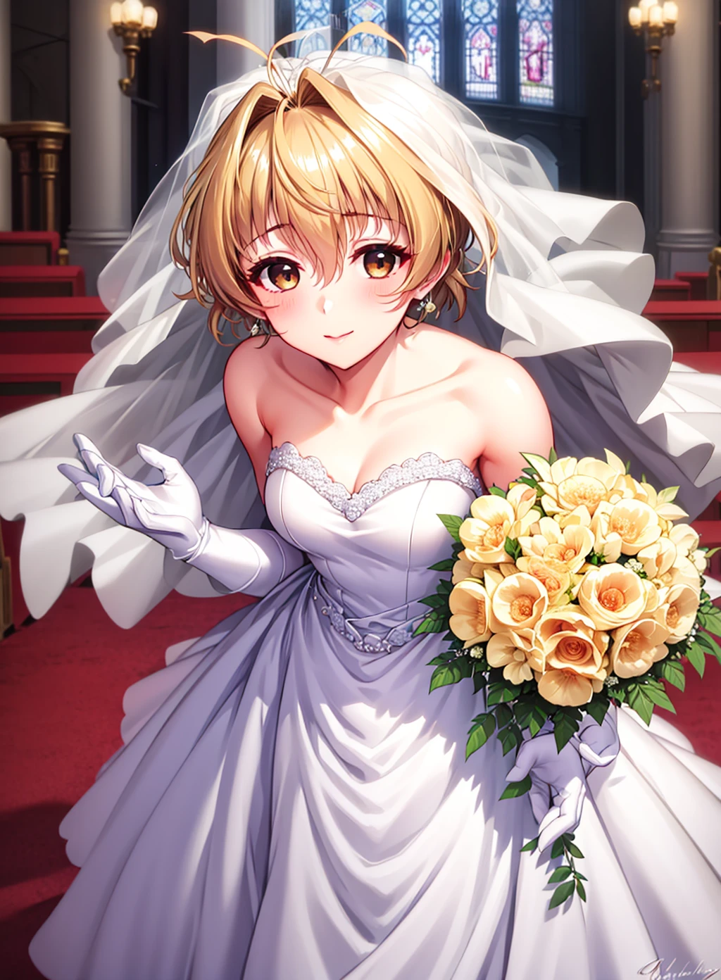 1girl, (wedding dress:1.2), bridal veil, white long gloves, bouquet, bare shoulders, (lips:0.6), closed mouth, church, bride, (water eye:0.6), (happy:0.6), joy,
<lora:sayakakuriharaV1:0.5>,sayaka_kurihara, short hair, dress,blonde_hair,brown_eye,antenna hair,