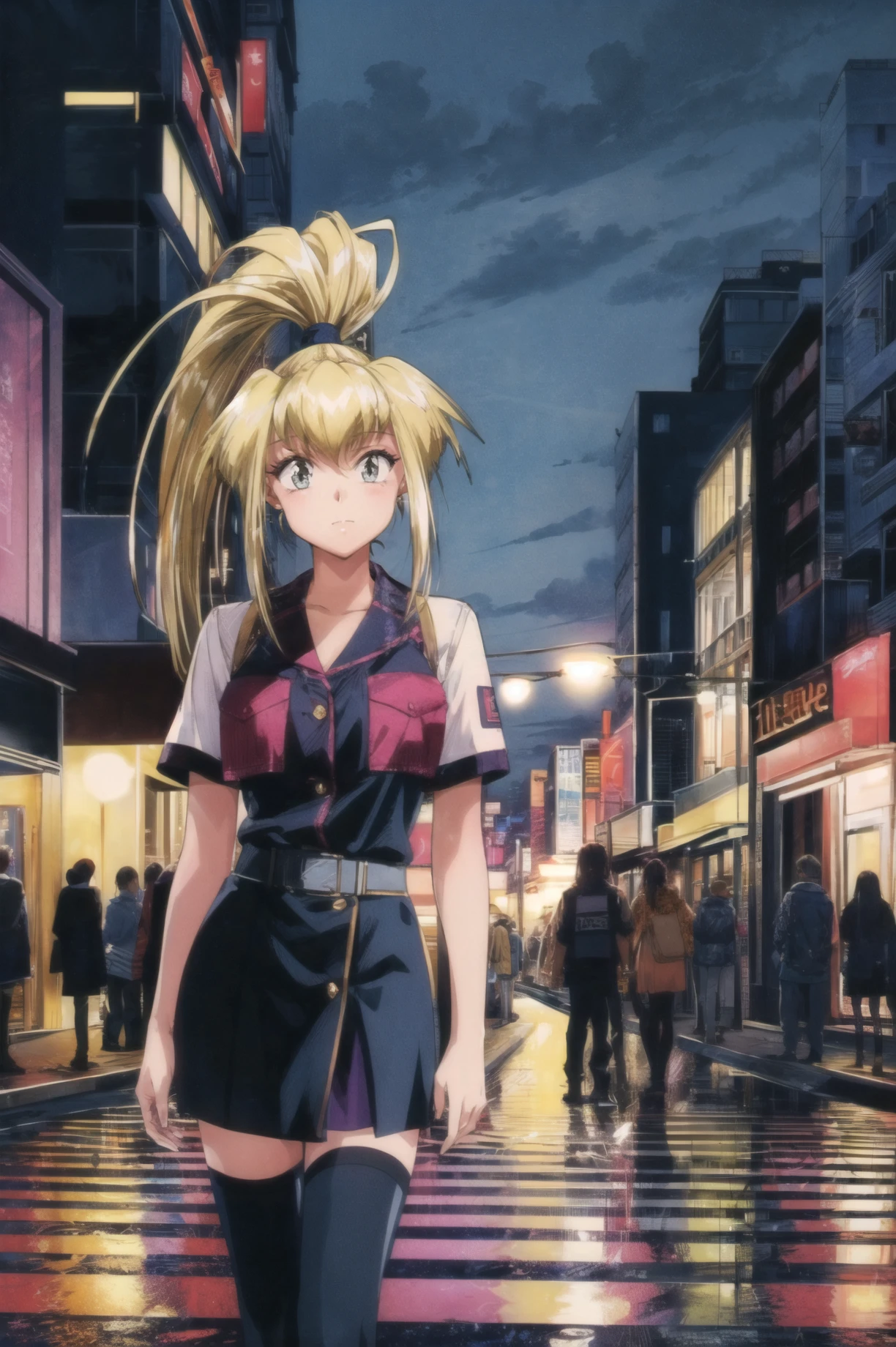 masterpiece, best quality, 1girl, looking at viewer, ultra detailed, <lora:add_detail:0.5>, <lora:rio_FW:1> , ponytail, night, city, neon lights, city lights, traffic, street, zettai ryouiki