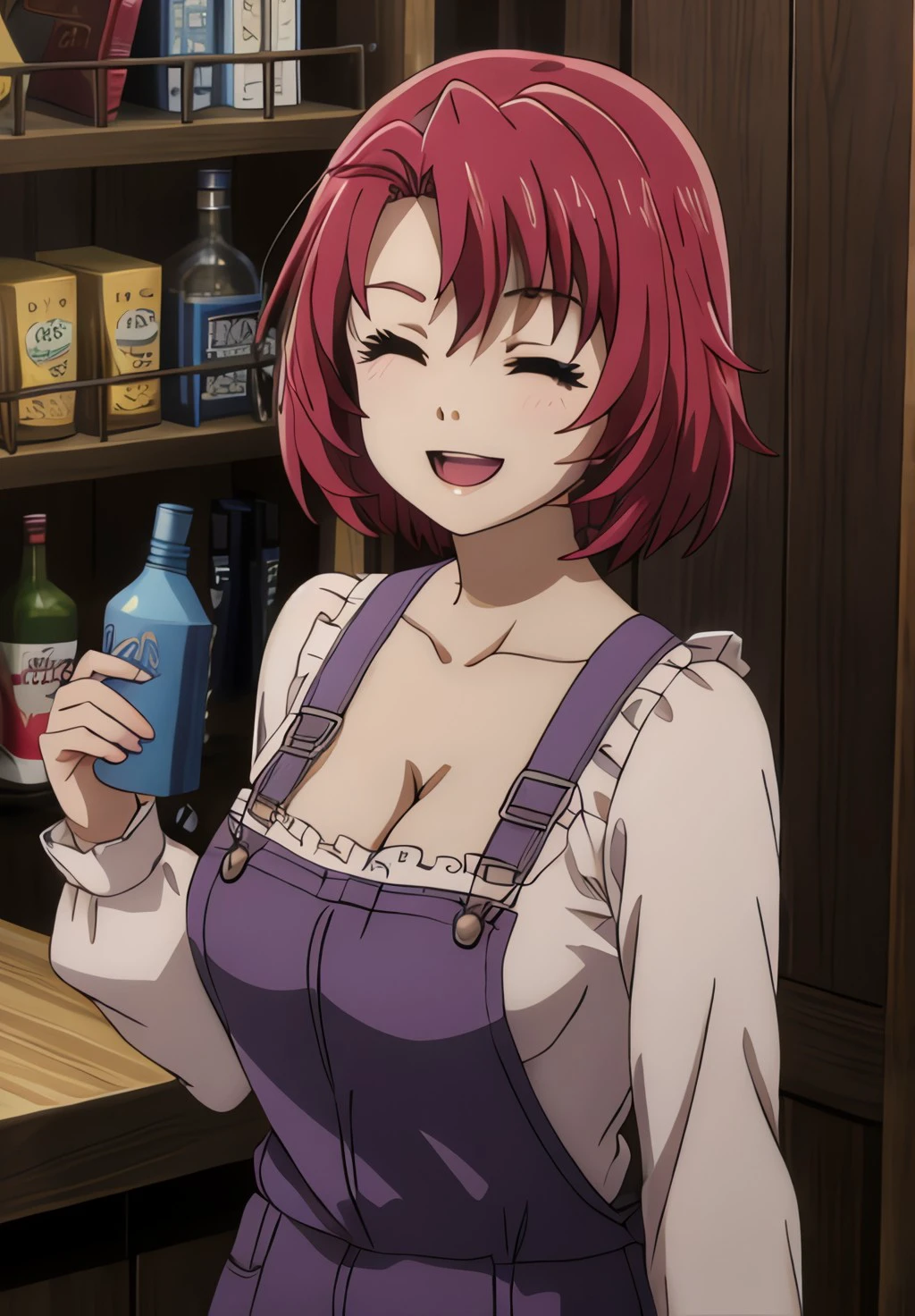 <lora:GoblinSlayer:0.8>, GoblinSlayer, CowGirl, solo, looking at viewer, smile, open mouth, shirt, long sleeves, cleavage, collarbone, white shirt, upper body, frills, one eye closed, teeth, indoors, apron, ;d, bottle, clenched hand, bookshelf, overalls, shelf, bar (place), anime coloring, counter