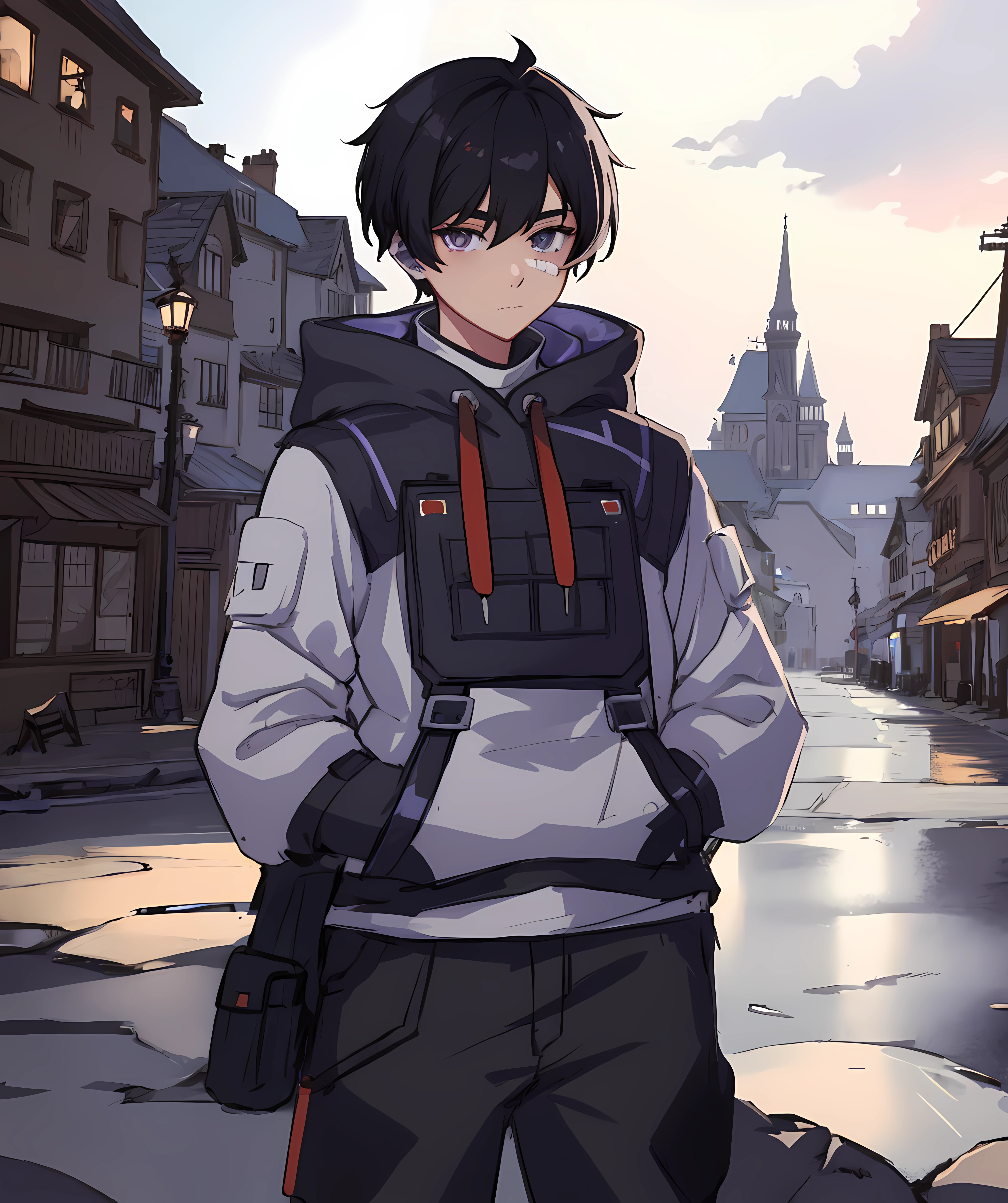 iso_valorant, standing, looking at viewer, jacket, hoodie, long pants, bandaid on face, short black hair, town, winter <lora:Iso-15:0.85>