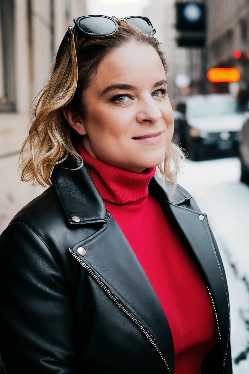 a RAW photo, portrait of erinelectra, wearing turtleneck sweater, leather jacket, winter, city street <lora:ErinElectra:1>