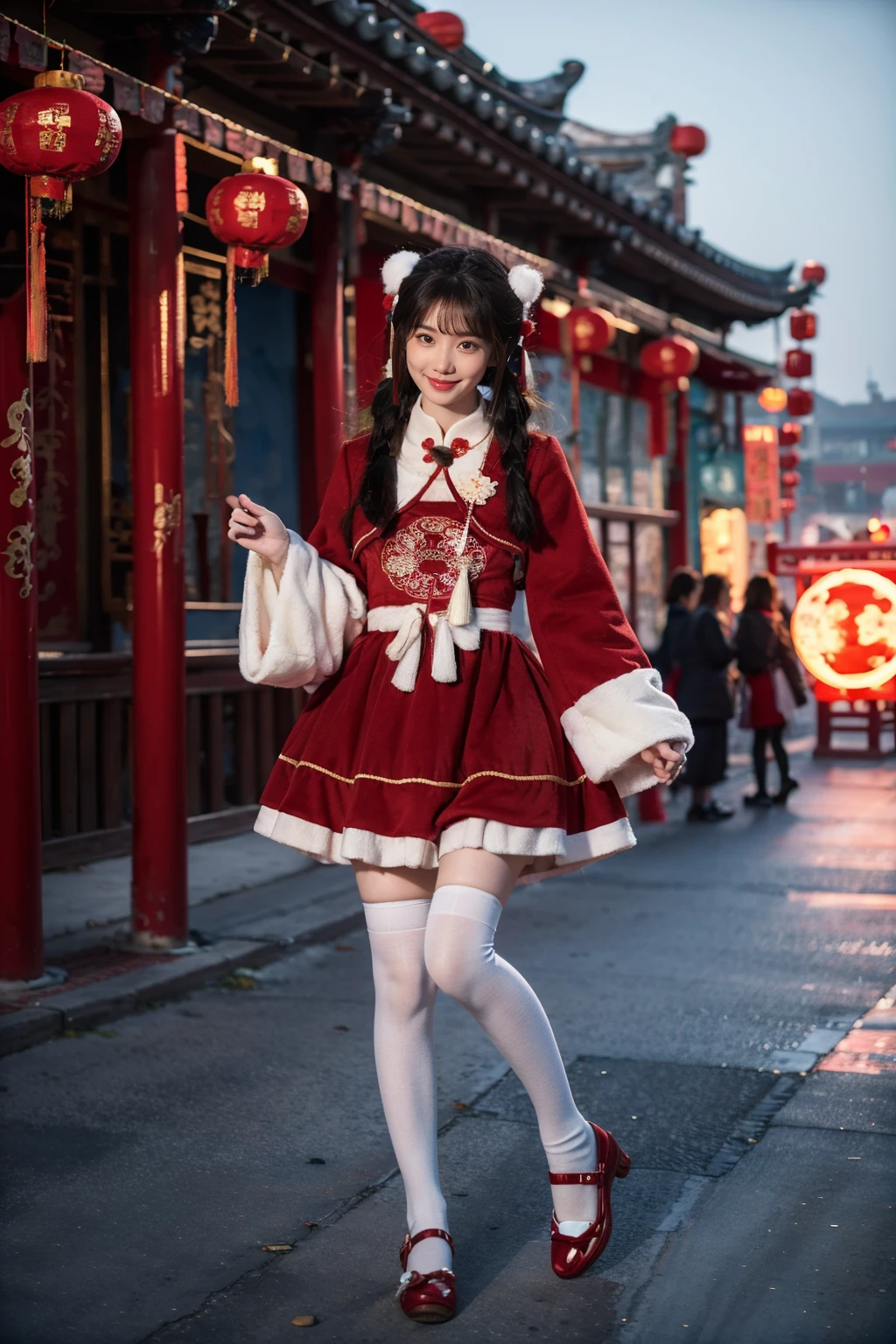 best quality, masterpiece, realistic, photorealistic, 1girl, solo, looking at viewer, light smile, full body, low twintails, bangs, cyb dress, chinese clothes, frilled dress, wide sleeves, long sleeves, white thighhighs, shoes, chinese town, ancient chinese building, chinese street, people, chinese new year, chinese lantern, spring festival, <lora:chinese_new_year_dress_style2_v1:0.7>