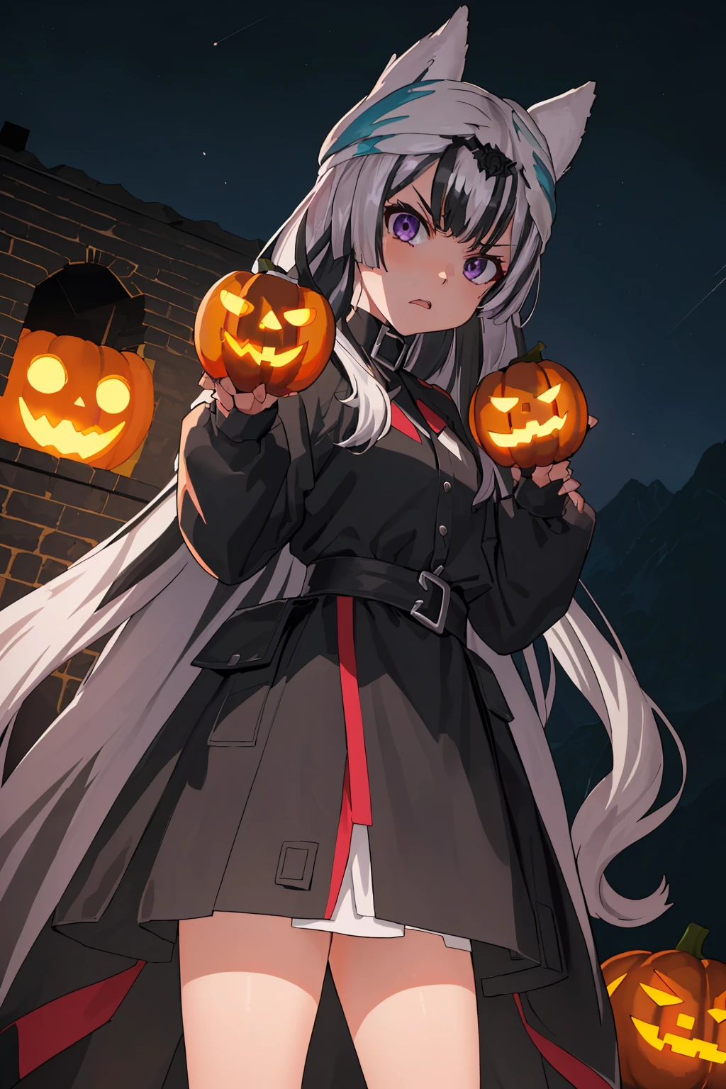 masterpiece, best quality, 1girl, solo, standing, facing viewer,<lora:EPfeVeyle-06:1>, EPfeVeyle, 1girl, long hair, multicolored hair, white hair, black hair, reference sheet, machu picchu, night, claw pose, jack-o-lantern costume, animal ears, roof rack, angry