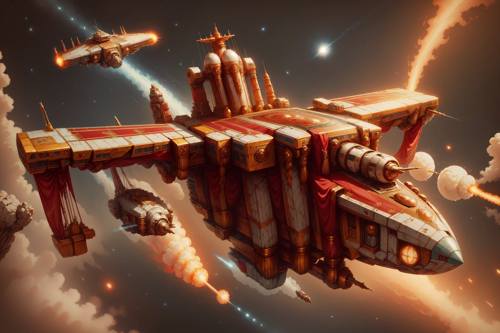 masterpiece, best quality, <lora:RomanWorldWmar:1> romanworld, scifi, galactic warship, in space, firing, lasers, hyperdrive, galactic war,