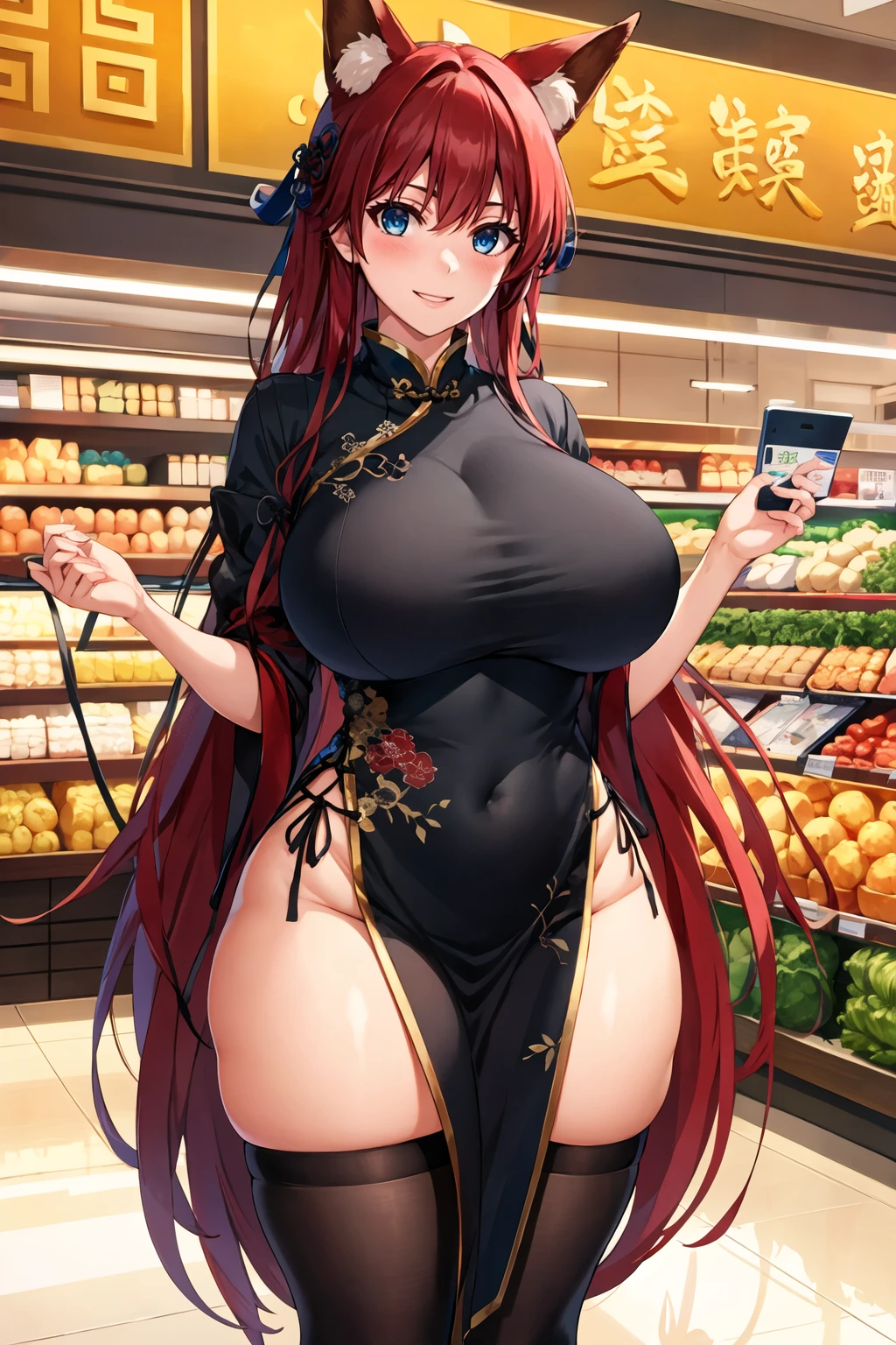 masterpiece, best quality, 1girl, standing, full body, red hair, blue eyes, (qipao:1.2), (black chinese dress:1.2), (gigantic breasts:1.2),(wide hips:1.2),(thick thighs:1.2), black panties, black underwear ,smile,thighhighs,(blush:1.2),indoors, supermarket,choker, slender waist, fox girl, fox ears, long hair, (long qipao:1.2), skintight qipao<lora:Misaki-Kurehito-Locon:1>