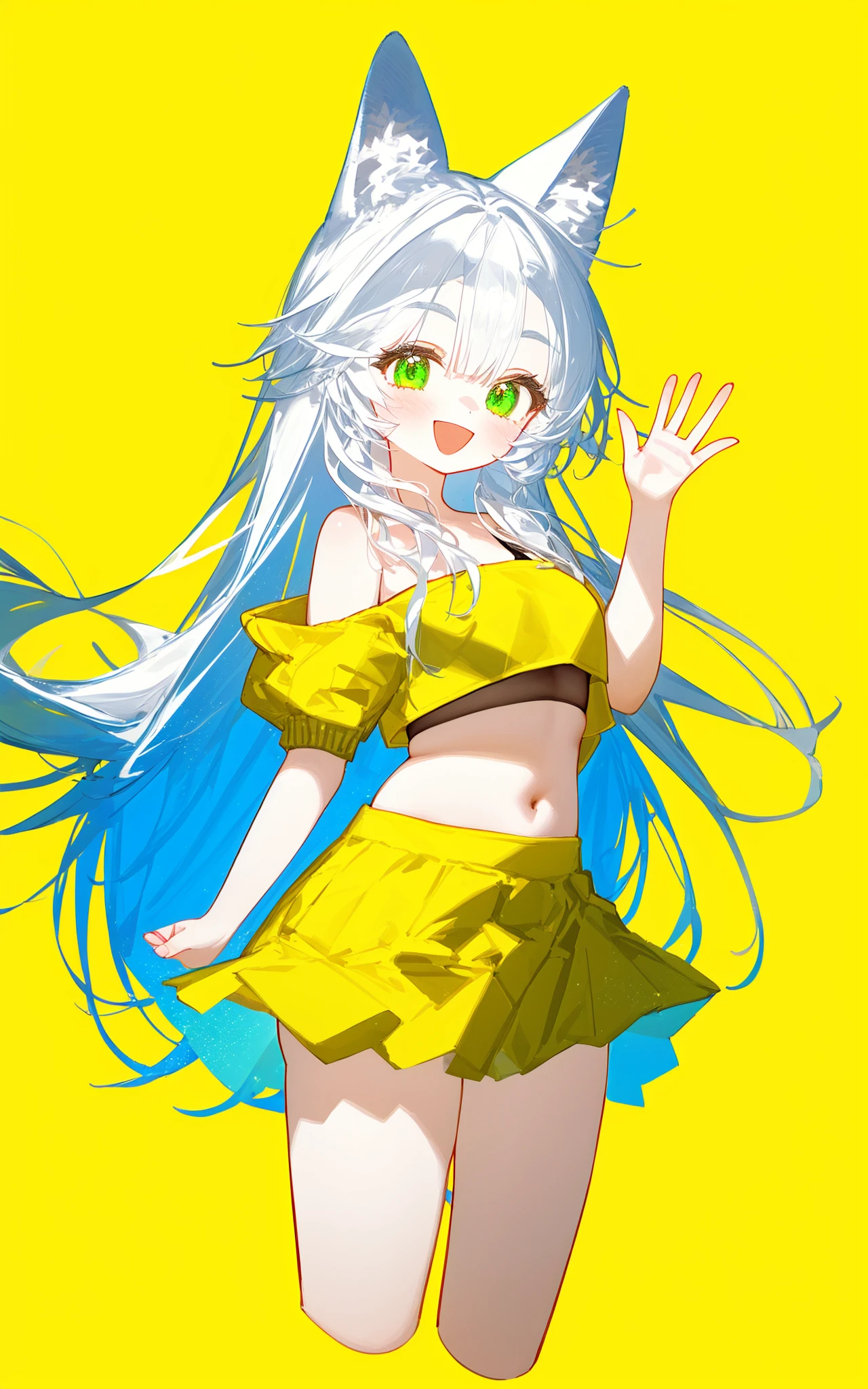 1girl,solo,green eyes,smile,:d,long hair,white hair,animal ears,animal ear fluff,eyebrows visible through hair,medium breasts,navel,bare shoulders,yellow jacket,off shoulder,crop top,midriff,yellow skirt,hand up,waving,cropped legs,simple background,blue background,best quality,amazing quality,very aesthetic,absurdres,