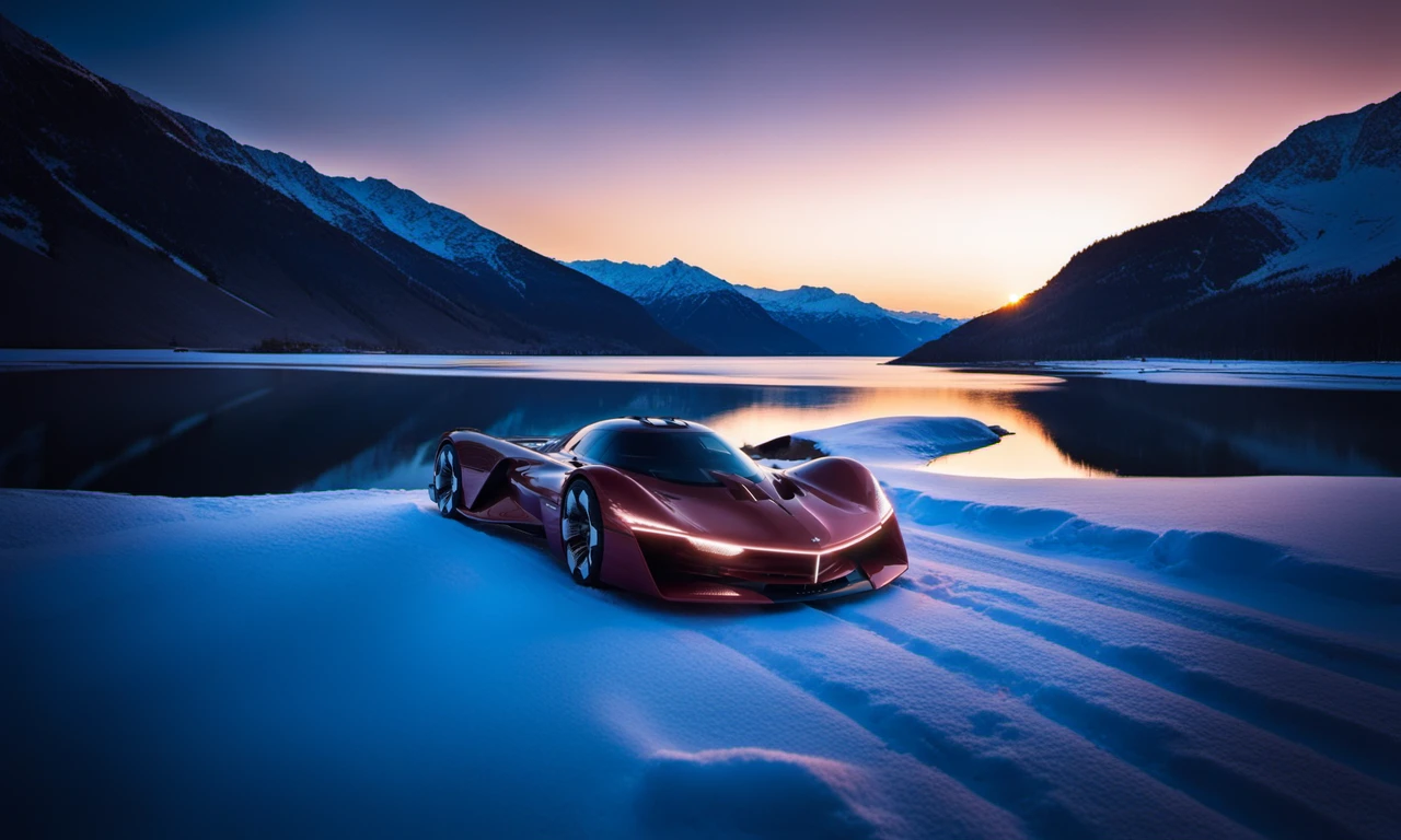 cinematic photo A car, snow, lake, sunset <lora:Alpenglow1024:0.8> . 35mm photograph, film, bokeh, professional, 4k, highly detailed
