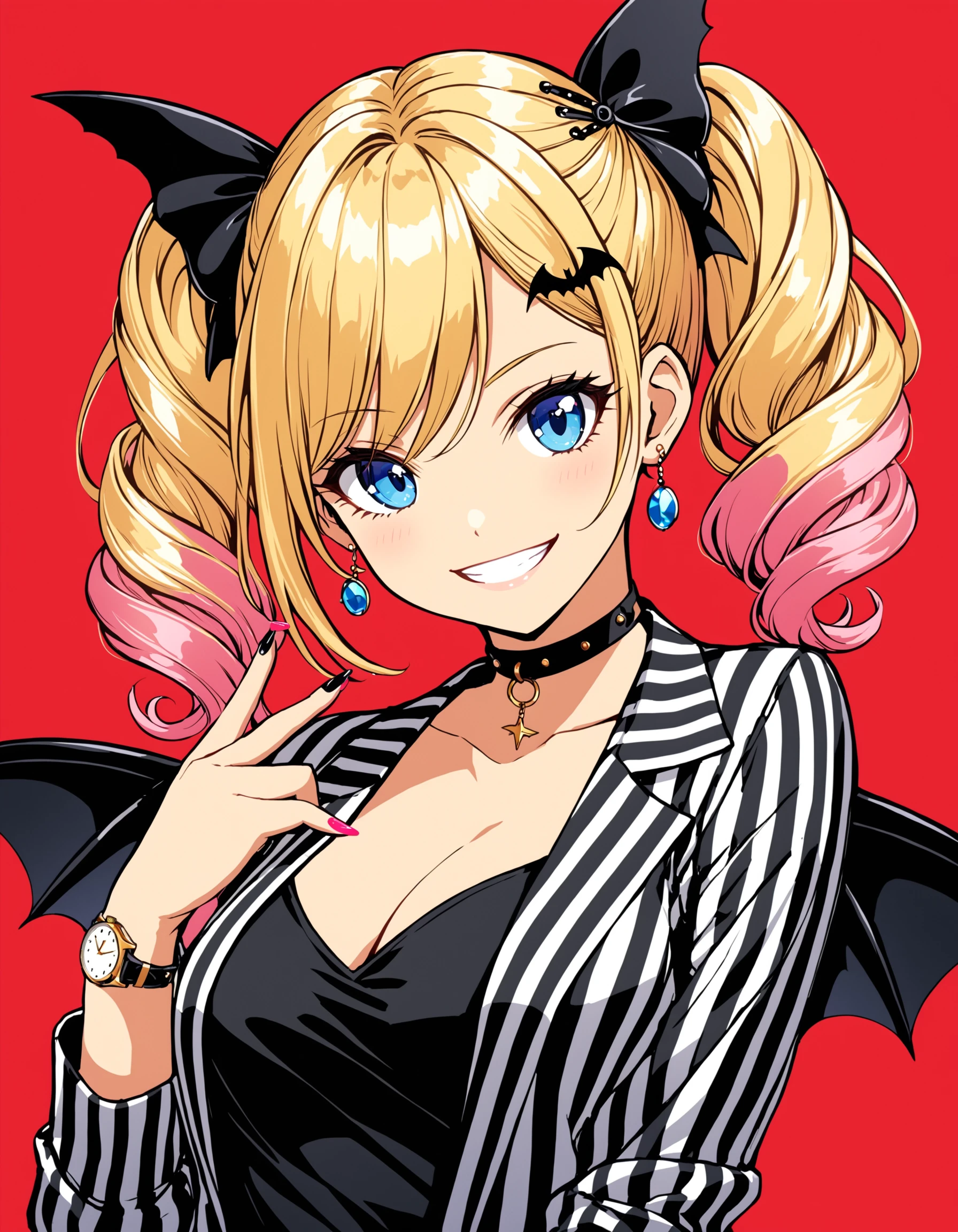 Mj Osea Style, 1girl, solo, long hair, looking at viewer, blush, smile, blue eyes, blonde hair, large breasts, shirt, hair ornament, bow, cleavage, twintails, jewelry, medium breasts, jacket, upper body, pink hair, braid, hair bow, earrings, open clothes, wings, choker, hairclip, striped, hand up, nail polish, grin, open jacket, black shirt, black bow, black choker, black nails, red nails, red background, vertical stripes, watch, striped shirt, wristwatch, bat (animal), vertical-striped shirt, striped jacket, masterpiece, best quality , <lora:MJ-OSEAXL:0.8>