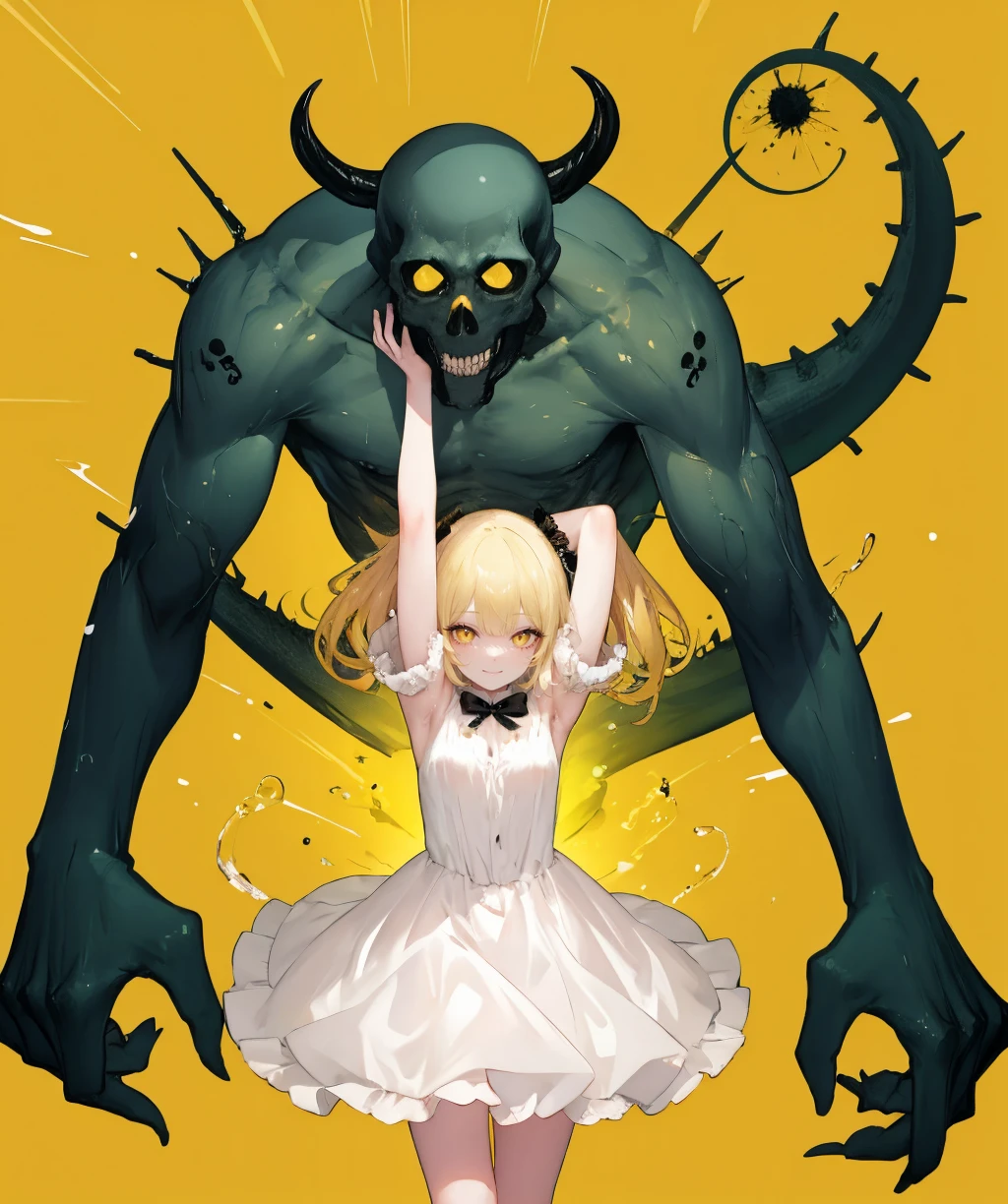 yellow theme ,1girl, solo, blonde hair, dress, arms up, size difference, monster, skull, <lora:gardian_or_stand-08:0.8>