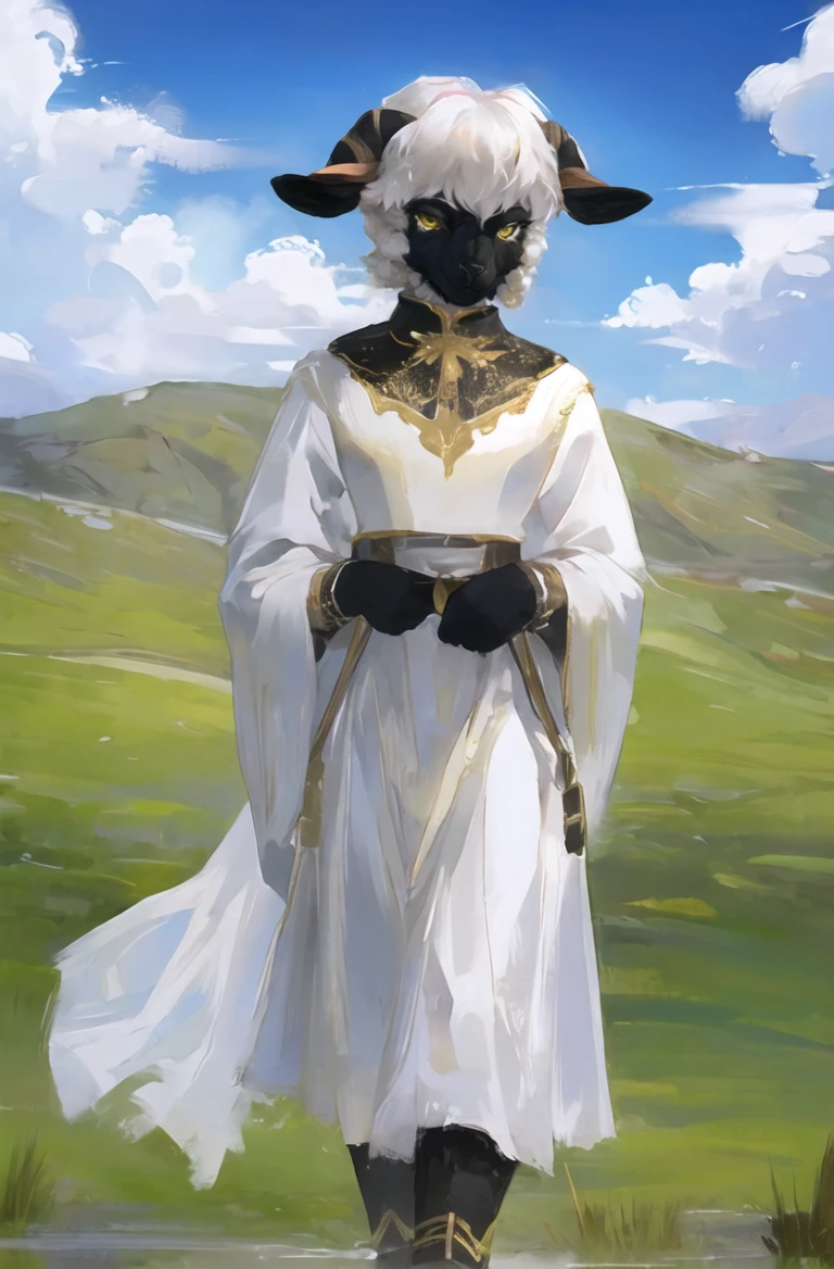 furry girl,BlacknoseSheep,solo,(black face:1.2),white hair,hoof,grass,white dress uniform,yellow eyes,
<lora:BlacknoseSheep:0.6> <lora:bouguereau:0.3>