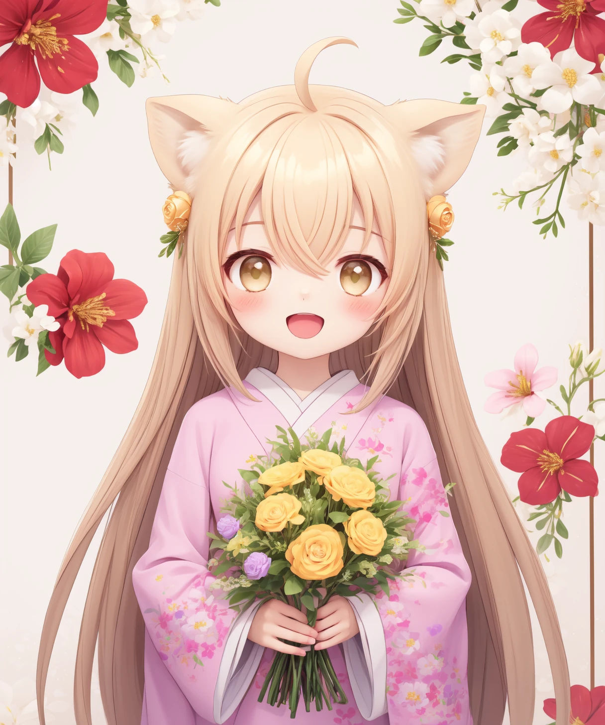 <lora:yuzu (konohara kitan):1> yuzu \(konohana kitan\),  1girl, solo, upper body, long hair, hair between eyes, ahoge, fang, looking at viewer, blush, smile, :d, holding bouquet, holding flower, hair ornament, hair flower, long sleeves, wide sleeves, pink kimono, floral background, purple flower, bouquet