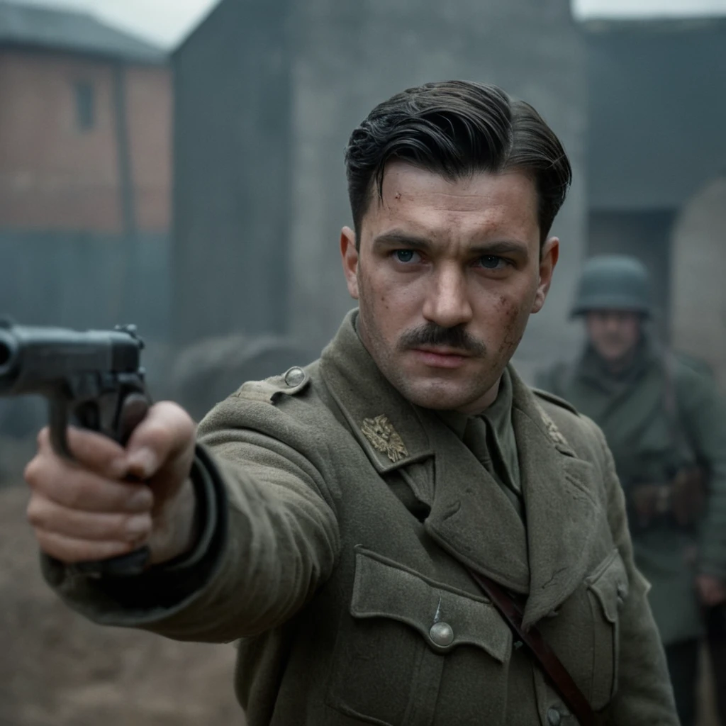 cinematic film still of cinematic film still of <lora:Cinematic ww2 style:1>
1940's, 1940, ww2, world war 2, second world war, a ww2 allied soldier man shooting a hand gun in a dirty area cinematic ww2 style, solo, looking at viewer, black hair, 1boy, holding, weapon, male focus, holding weapon, blurry, gun, blood, facial hair, holding gun, handgun, blood on face, realistic, blood on clothes, manly, revolver , vintage, classic, cinematic, dramatic, photography, documentary, shallow depth of field, vignette, highly detailed, high budget, bokeh, cinemascope, moody, epic, gorgeous, film grain, grainy