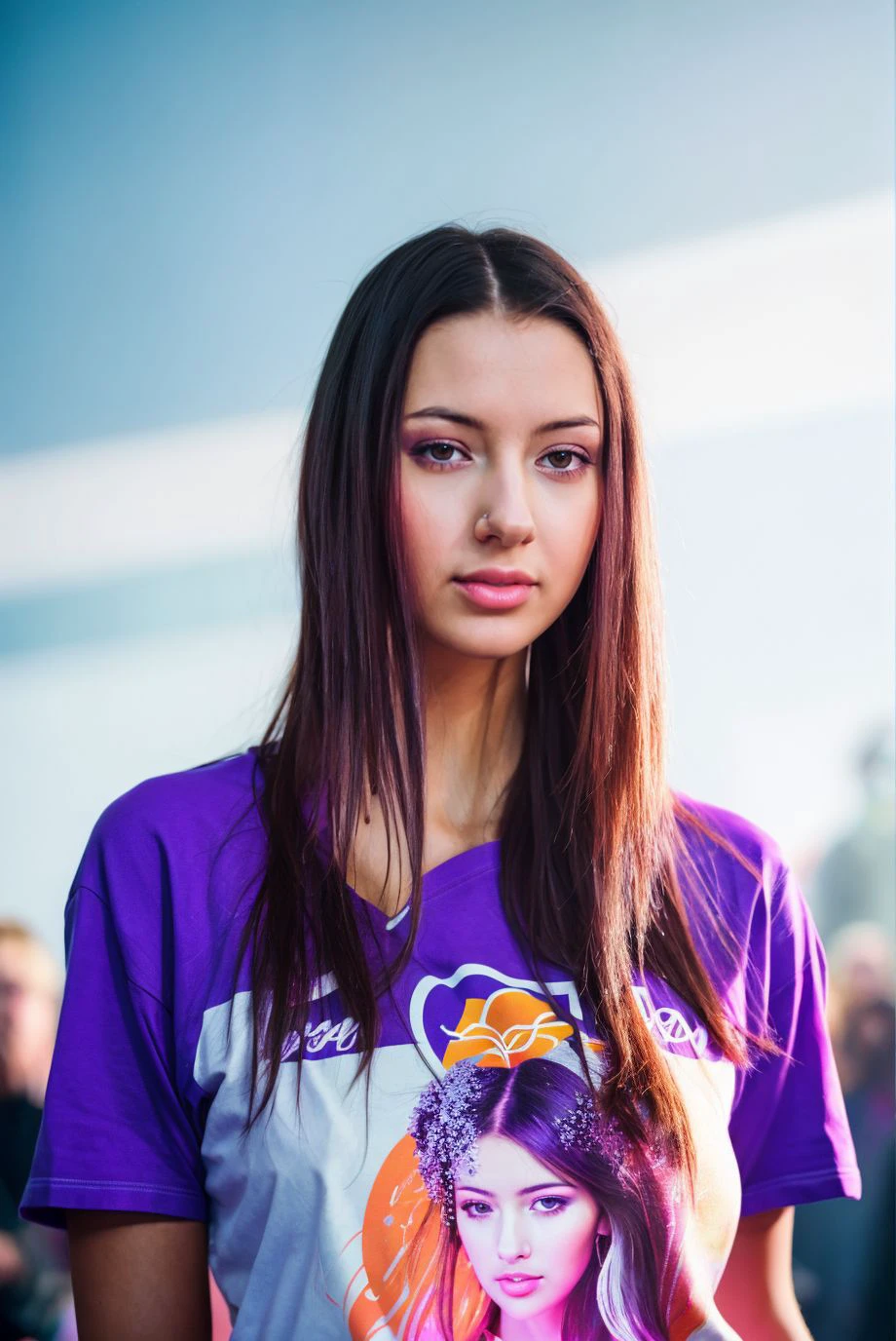 A full color portrait of a beautiful woman wearina a graphic tee and purple leggings, lively concert,natural lighting,epic character composition,by ilya kuvshinov, alessio albi, nina masic,sharp focus, subsurface scattering, f2, 35mm, film grain <lora: kittyja:1>