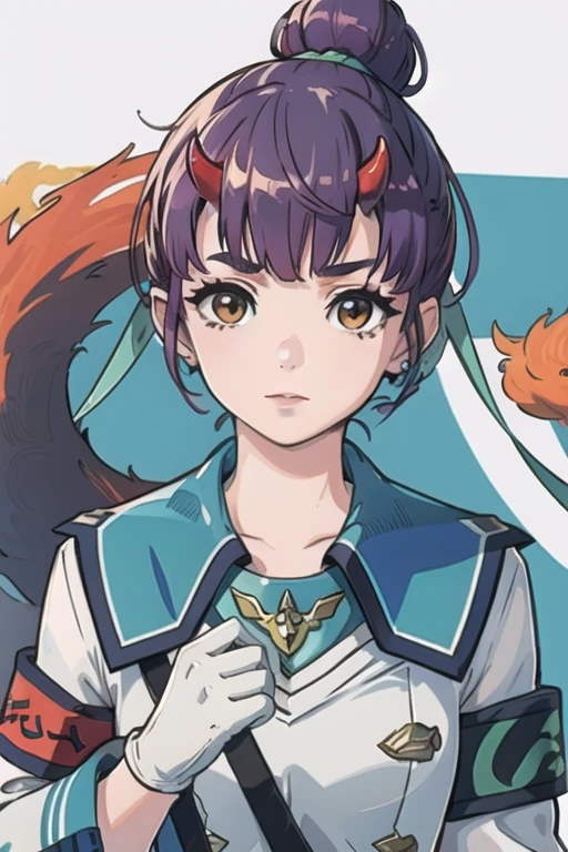 <lora:Fiona_xenoblade_3:0.8> Fiona \(xenoblade\), 1girl, bangs, brown_eyes, eyebrows_visible_through_hair, purple hair, red horns, oni horns, hair bun, blue hair ribbon, jacket, sailor uniform, white gloves, long_sleeves, armband, mitsudomoe(shape), waist shot,, best quality, highly detailed, masterpiece, ( bad_prompt_version2:0.6), best quality, highres, 4k, ultra-detailed, beautiful detailed face, beautiful detailed eyes