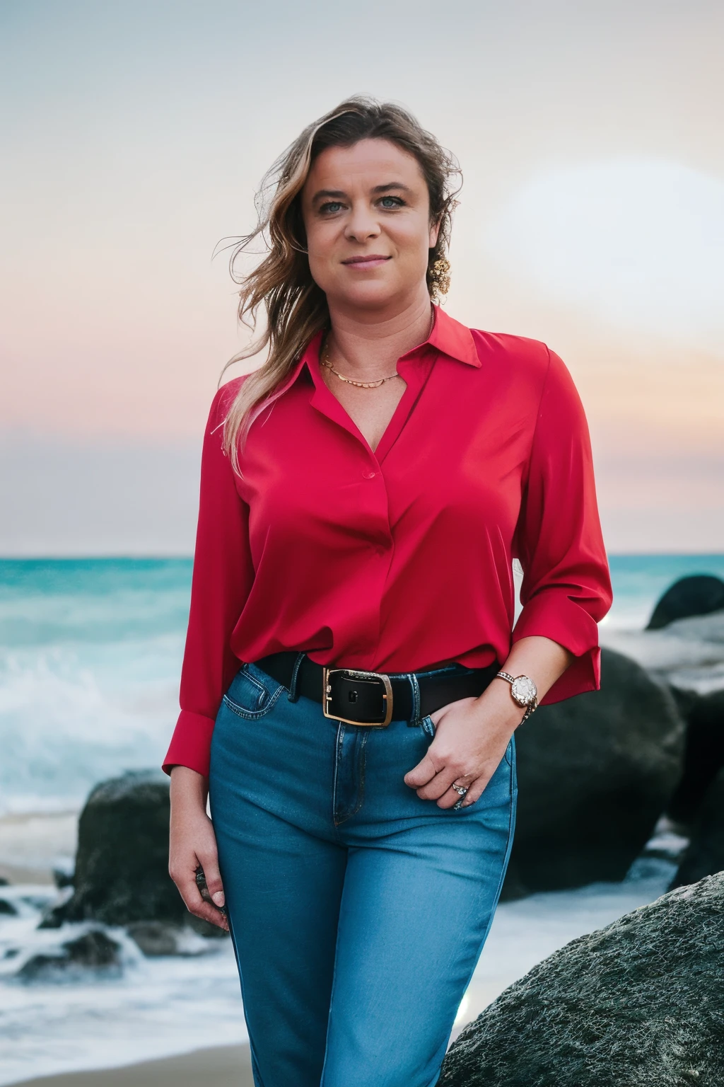 a RAW photo, portrait of erinelectra, wearing red blouse, jeans, belt, sea, tropical island <lora:ErinElectra:1>