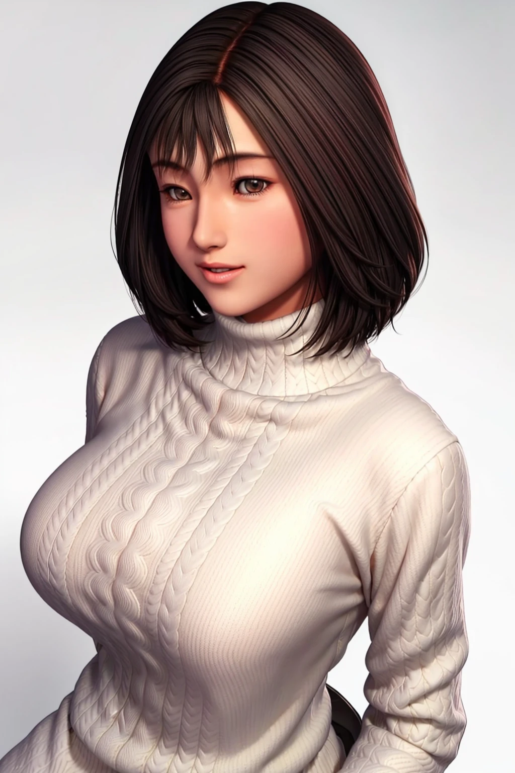Simple White Background,
white sweater,long sleeves,turtleneck,
<lora:Nozomi_Harasaki_Shenmue-KK77-V1:0.7>,
Brown eyes, black hair,bangs,Short hair,
<lora:Oda_Non_Style-KK77-V2:0.3>,<lora:more_details:0.1>,
1 girl, 20yo,Young female,Beautiful long legs,Beautiful body,
Beautiful Nose,Beautiful character design, perfect eyes, perfect face,expressive eyes,perfect balance,
looking at viewer,(Focus on her face),closed mouth, (innocent_big_eyes:1.0),(Light_Smile:0.3),
official art,extremely detailed CG unity 8k wallpaper, perfect lighting,Colorful, Bright_Front_face_Lighting,White skin,
(masterpiece:1.0),(best_quality:1.0), ultra high res,4K,ultra-detailed,
photography, 8K, HDR, highres, absurdres:1.2, Kodak portra 400, film grain, blurry background, bokeh:1.2, lens flare, (vibrant_color:1.2),professional photograph,
(Beautiful,large_Breasts:1.4), (beautiful_face:1.5),(narrow_waist),