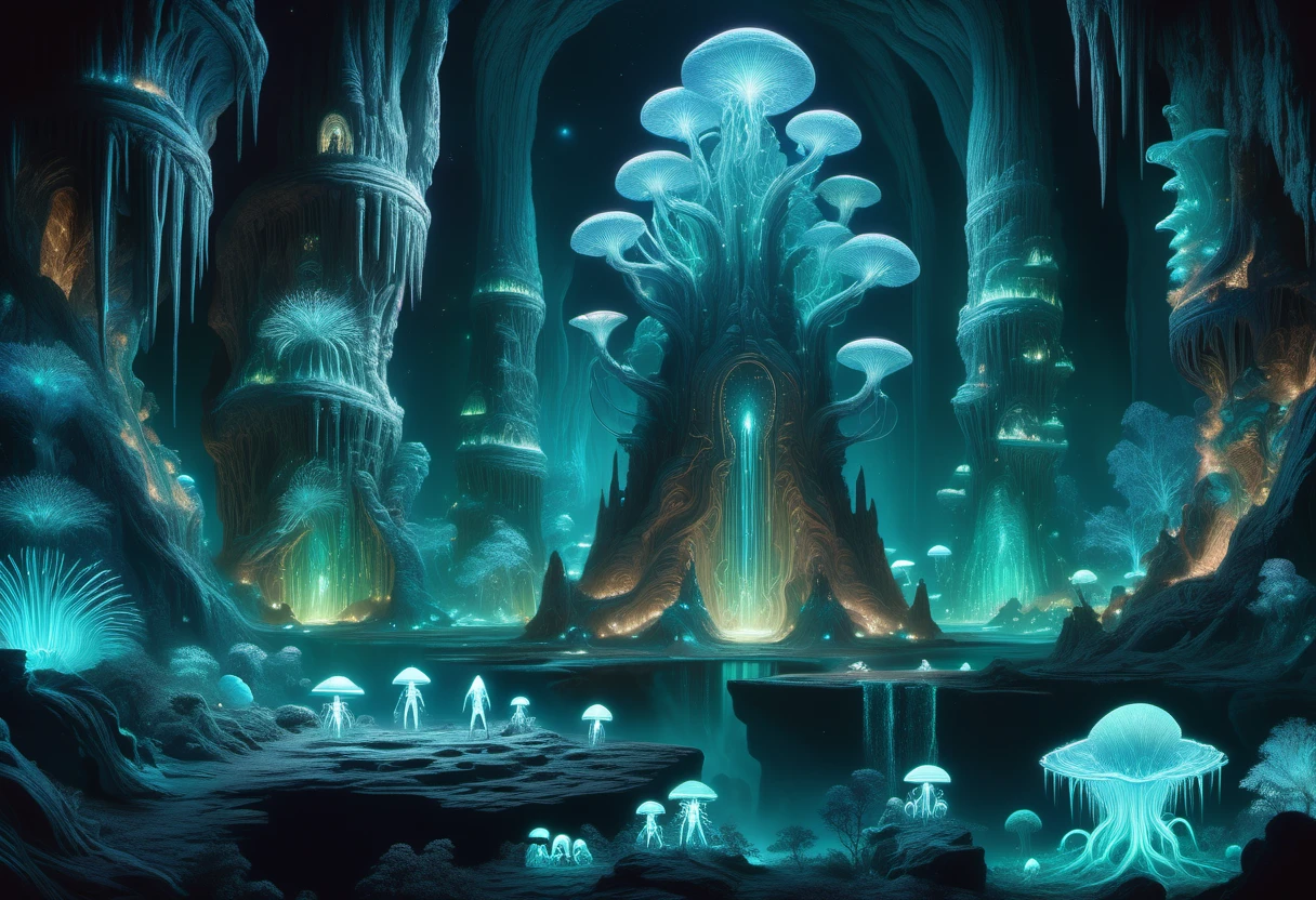 hyper detailed masterpiece, DonM3t3rn1tyXL, space colonization of subterranean specie- bioluminescent creatures with phosphorescent markings in dark caverns , atmospheric engineer <lora:DonM3t3rn1tyXL-v1.1-000008:0.8>