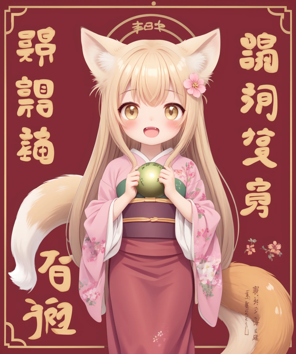 <lora:yuzu (konohara kitan):1> yuzu \(konohana kitan\),  1girl, solo, long hair, fang, fox tail, blush, open mouth, :d, looking at viewer, hair ornament, hair flower, pink kimono, hakama, hakama skirt, flower, ball, new year