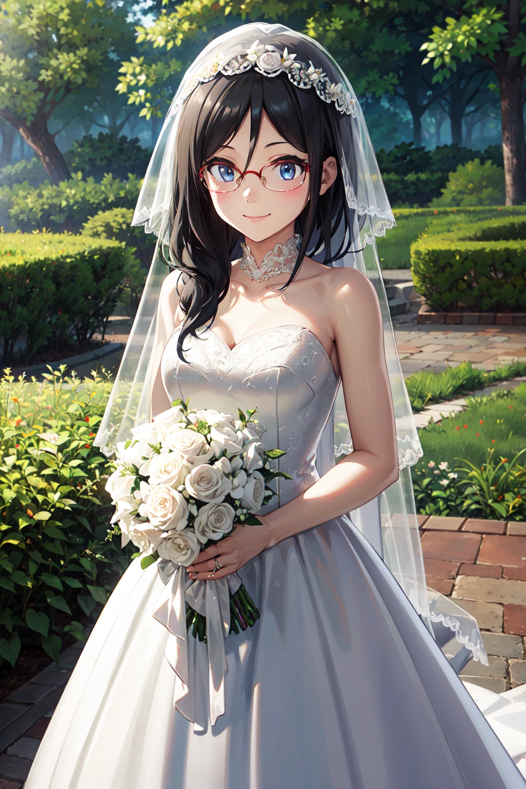 masterpiece,best quality,highres,ultra-detailed,aaasuka,long hair,glasses,red-framed eyewear,<lora:tanaka_asuka:0.8>,(wedding dress:1.2),white dress,(veil:1.2),garden,smile,outdoors,standing,cowboy shot,holding bouquet,