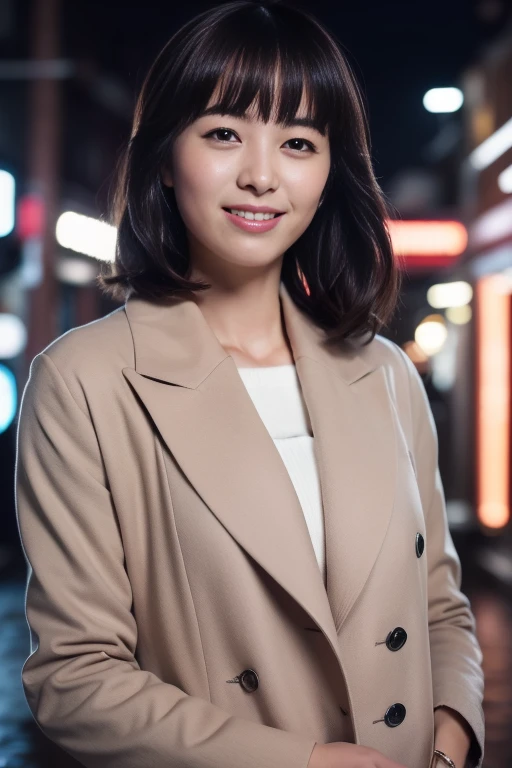 1girl,(RAW photo, best quality), (realistic, photo-realistic:1.4), masterpiece, an extremely delicate and beautiful, extremely detailed, 2k wallpaper, Amazing, finely detail, extremely detailed CG unity 8k wallpaper, ultra-detailed, highres, soft light, beautiful detailed girl, extremely detailed eyes and face, beautiful detailed nose, beautiful detailed eyes,cinematic lighting,perfect anatomy,slender body,smiling ,(bokeh:1.3)
in front of izakaya,narrow street like nakano,lights reflected on wet floor,after rain,night time,shop sign lights,winter night
(wearing cashmere jacket)
 <lora:seinonana_lora:0.8>