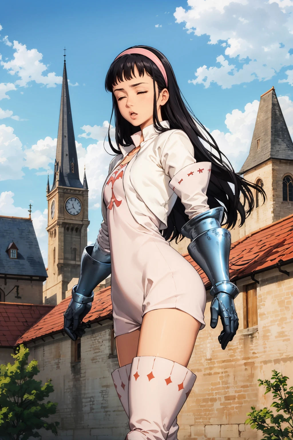 (masterpiece, best quality), 1girl, <lora:guila-nvwls-v1:1> guila, closed eyes , hairband, cropped jacket, white jacket, white dress, short dress, gauntlets, thigh boots