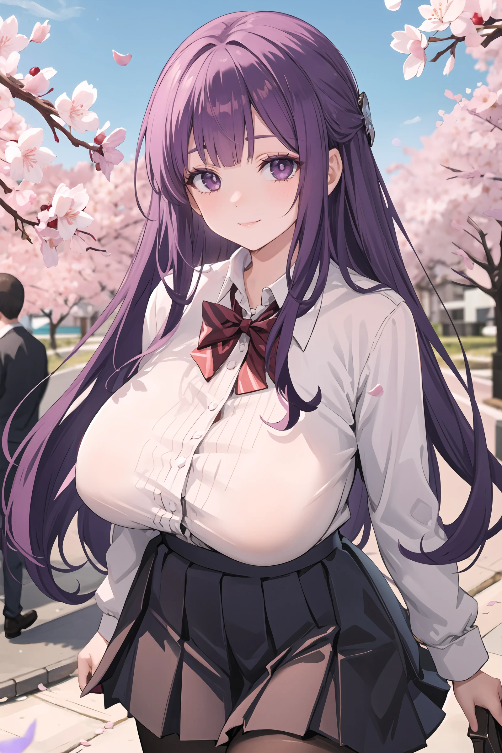 1girl, fern (sousou no frieren), solo, school uniform, white collared shirt, sweater, pleated skirt, pantyhose, light smile, looking at viewer, outdoors, street, cherry blossoms, petals, depth of field, <lora:Milf:0.8> milf, huge breasts, mature female masterpiece, best quality, masterpiece