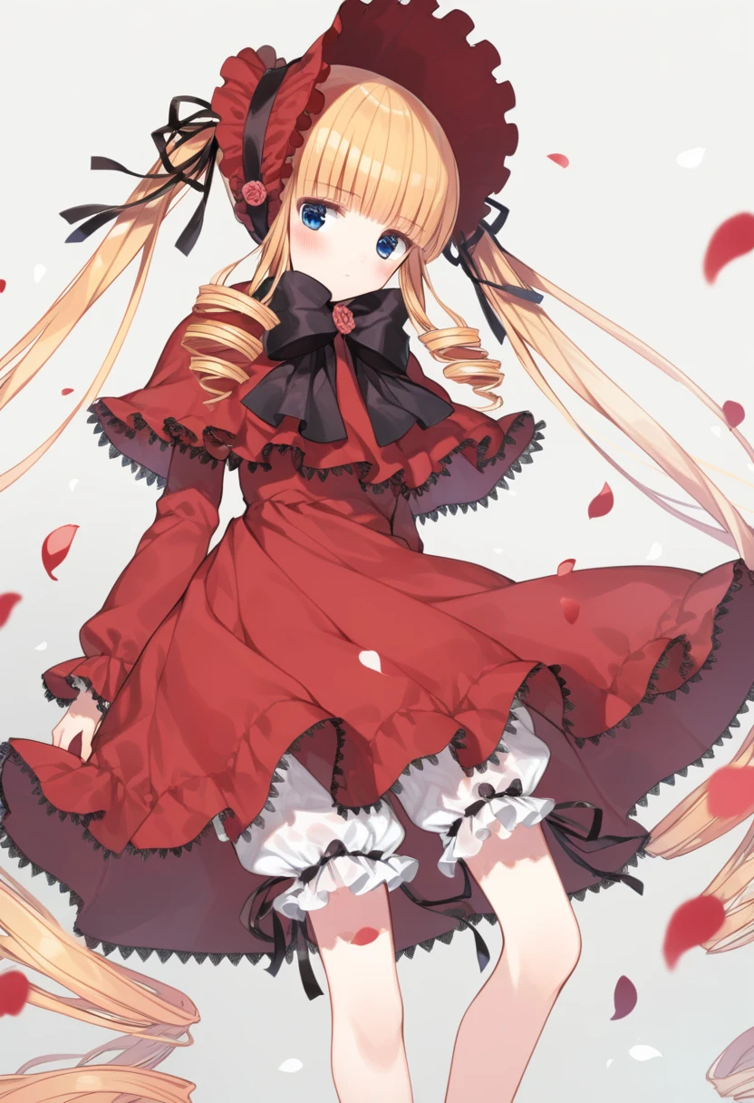 1girl, shinku, black bow, black bowtie, blonde hair, bloomers, blue eyes, blunt bangs, blush, bonnet, bow, bowtie, capelet, closed mouth, dress, drill hair, drill sidelocks, expressionless, feet out of frame, flower brooch, frilled capelet, frilled dress, frilled sleeves, frills, grey background, long hair, long sleeves, looking at viewer, medium bangs, petals, quad drills, red capelet, red dress, red headwear, sidelocks, simple background, solo, standing, twintails, underwear, very long hair, white bloomers, high quality, late, <lora:char - shinku - v1 - bionagato:1>