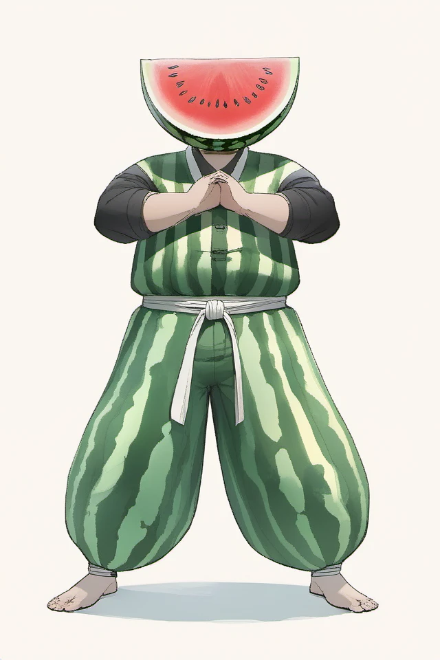 watermelon man, solo, simple background, white background, standing, big eyes, pants, facing viewer, full body, dougi