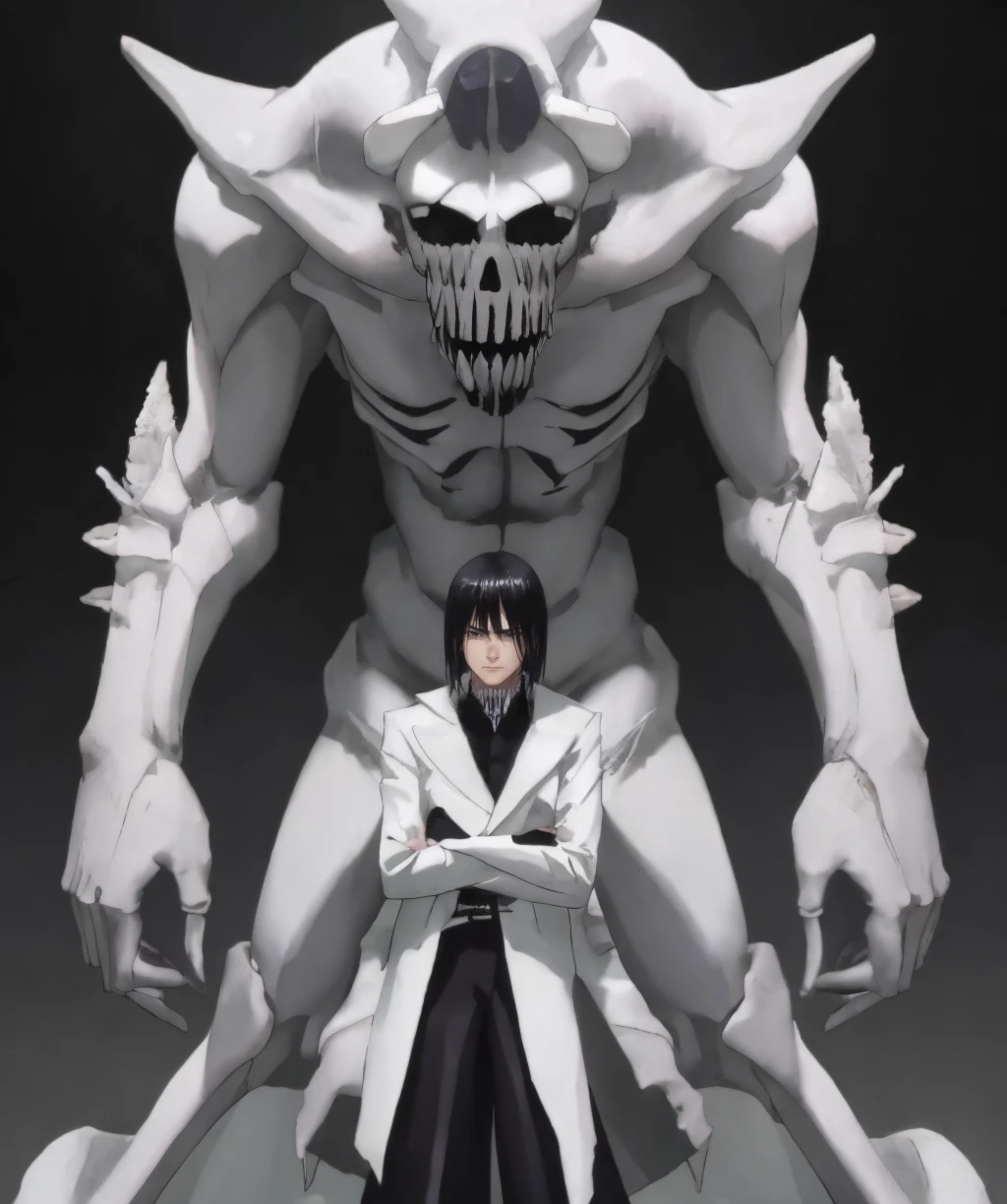 hollowfication, 1boy, black hair, espada, white jacket, crossed arms, solo, size difference, 1other, monster, skull, <lora:gardian_or_stand-08:0.8> <lora:hollowfication:0.8> <lora:Espada_style:0.8>