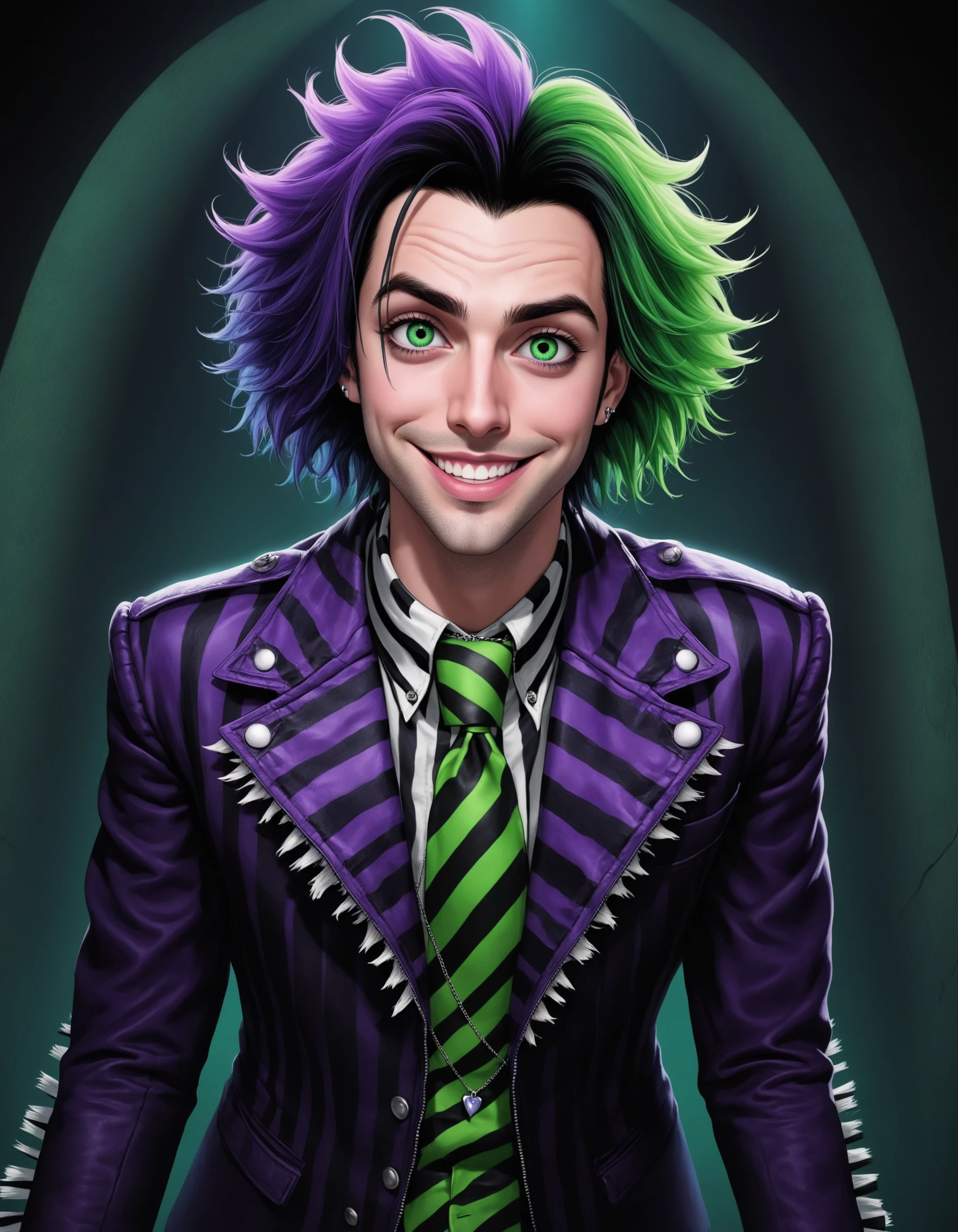 1boy, Lawrence Shoggoth, Beetlejuice, Alex Brightman as Beetlejuice, male focus, solo, heterochromia, purple eyes, green eyes, gradient hair, multicolored hair, black hair, purple hair, green hair, facial hair, stubble, dirty face, dark eyes, scars, short hair, fluffy hair, jewelry, open clothes, jacket, necklace, open jacket, black jacket, shirt, crop top, tattoo, pendant, leather, leather jacket, looking at viewer, wide grin, open mouth, :D, magic, poltergeist vibes, Beetlejuice, Beetlejuice, Beetlejuice, horror vibes, dirt splotches, ghost vibes, LUT like a movie, indoors, doorway, spiral painting behind, cinematic lighting, dark, dark background, masterpiece, best quality, best horror, best dirty photography, best poltergeist, LAWRENCE I SWEAR TO GOD LET THIS GET DIRTY YOU STOOPID POLTERGEIST