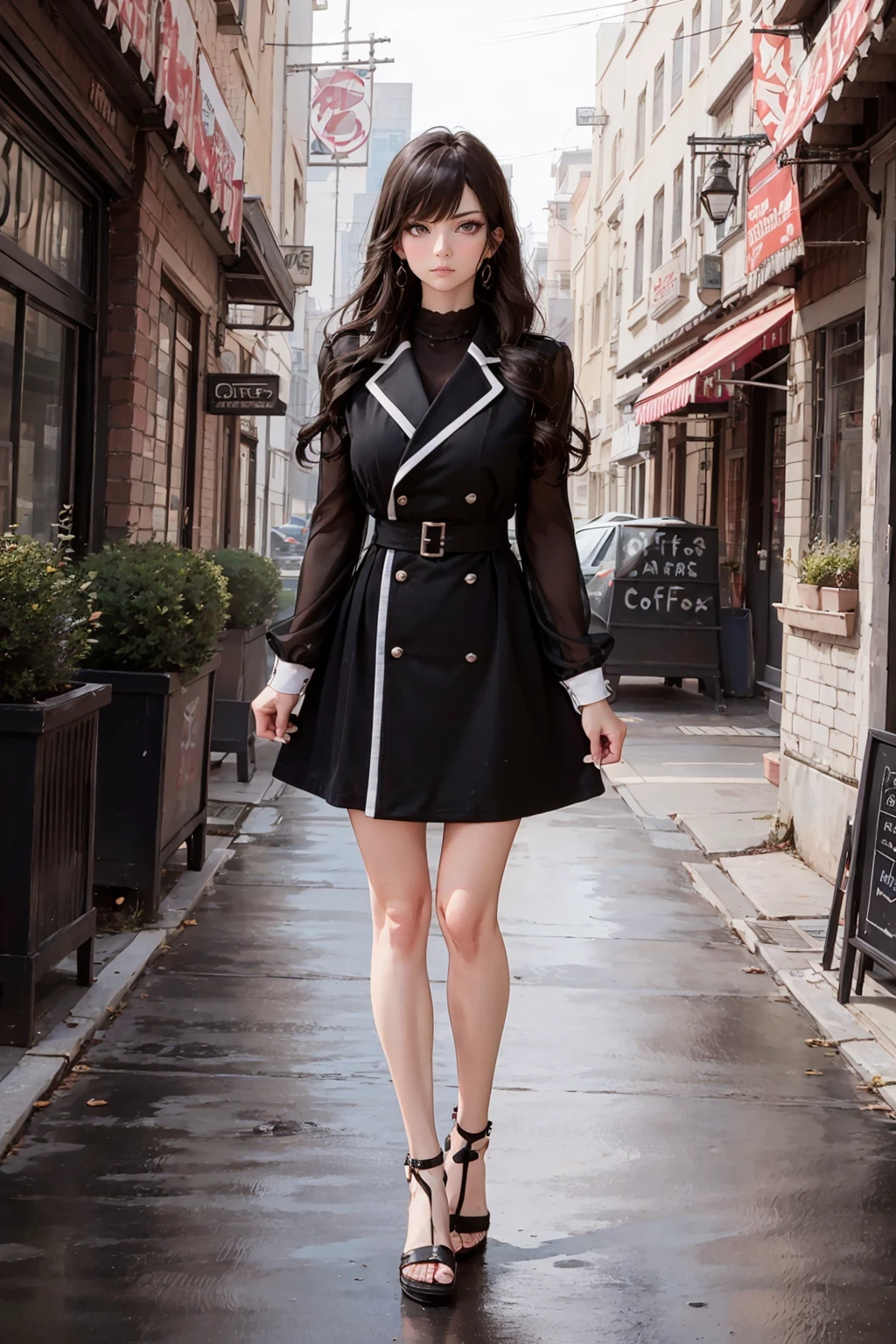 absurdres,  highres,  ultra detailed,  extremely detailed fine touch,  (ultra detailed 1woman),  (anime style),  model,  1woman,  BzTrenchd,  trench dress,  long sleeves,  heeled sandals,  mesmerizing designs,  cafe,  coffee shop,  standing,  death stare,  sexy pose,  slender body,  breakdomain