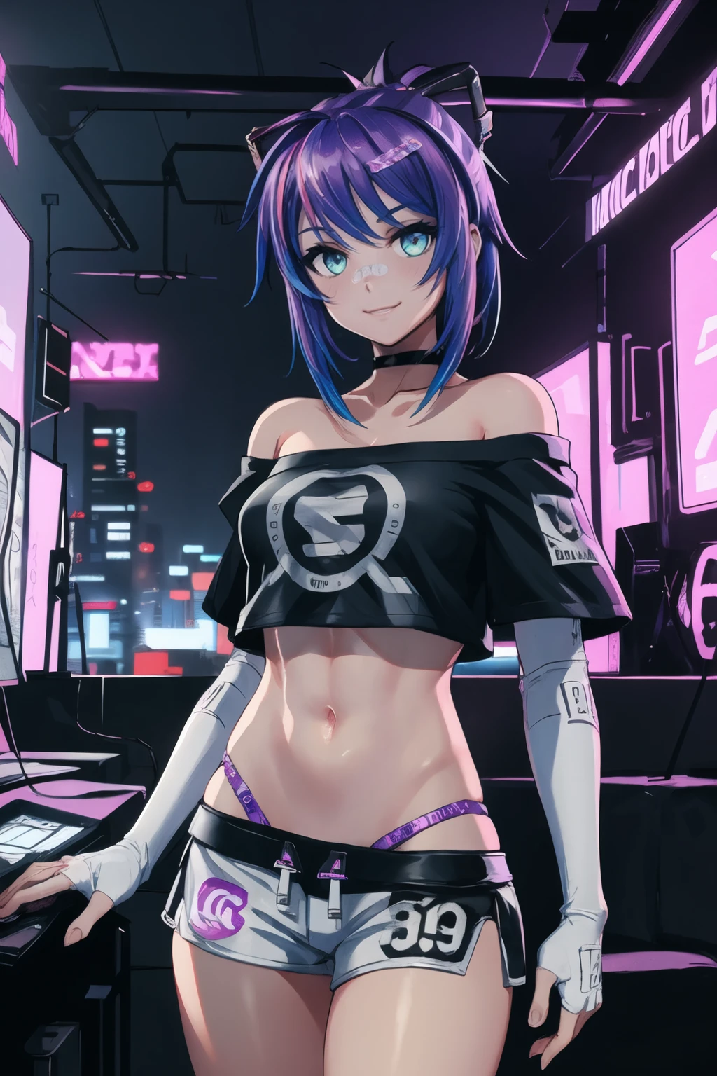 (best quality), indoors, (cyberpunk city:1.2), cowboy shot, 1girl, solo, ProjektMelodyOriginal, bandaid on nose, short hair, ponytail, hair ribbon, hairclip, medium breasts, <lora:ProjektMelodyOriginal_V1-Manityro:1.0>, toned, looking at viewer, smile, happy, strapless, black shirt, print shirt, off-shoulder shirt, crop top, short sleeves, elbow gloves, white gloves, micro shorts, white shorts,