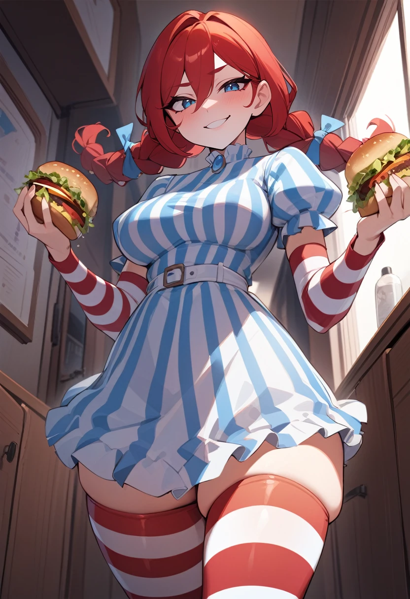 HD, solo, 1female, wendy's, pale skin , striped dress, striped full sleeves, red hair, twin braids, sexy body, tall and skinny, farting, massive fart, yellow smoke rising, relieved face, bend over, smiling, clenching teeth, blush, alone in a food court, holding burgers, heart signs