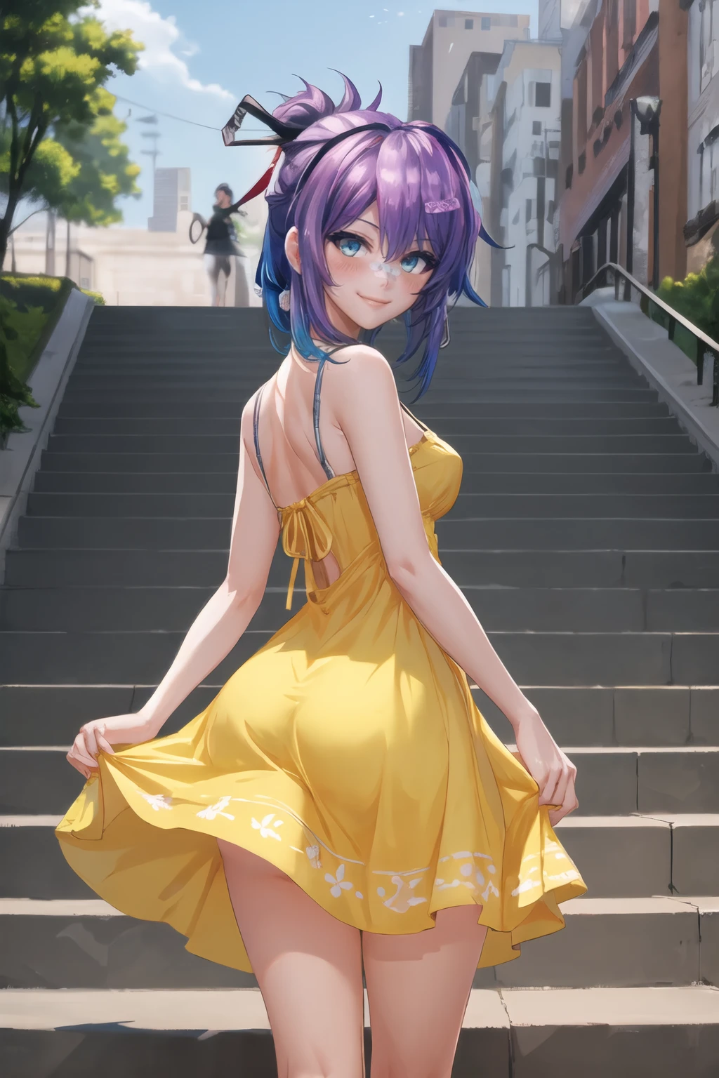 (best quality), outdoors, stairs, cityscape, from behind, 1girl, solo, ProjektMelodyOriginal, bandaid on nose, short hair, ponytail, hair ribbon, hairclip, medium breasts, <lora:ProjektMelodyOriginal_V1-Manityro:1.0>, toned, looking at viewer, blush, smile, smirk, yellow dress, sundress