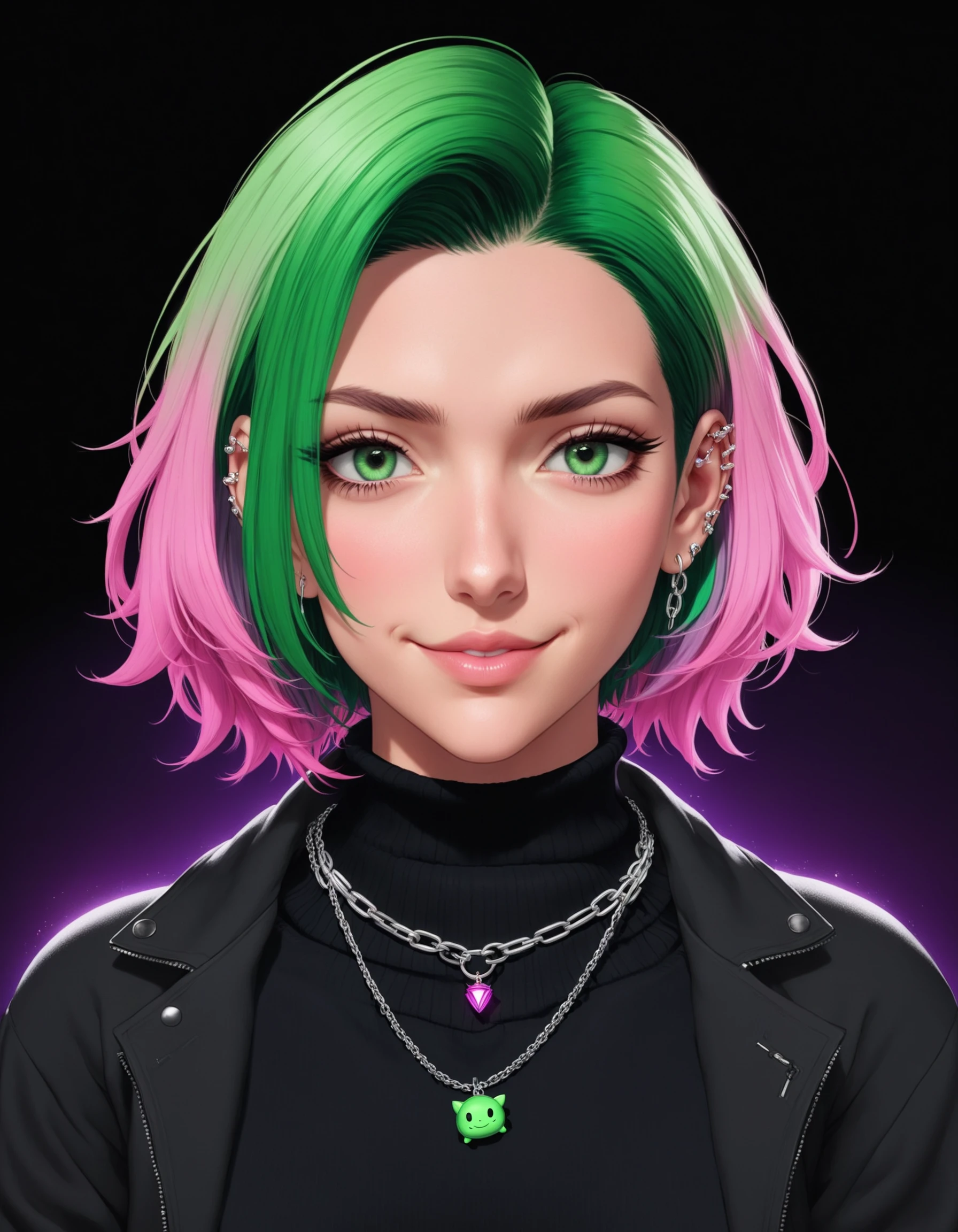 1girl, Kaeya Lowell-Shoggoth, solo, looking at viewer, smile, short hair, jewelry, closed mouth, green eyes, jacket, earrings, gradient hair, pink hair, green hair, necklace, sweater, turtleneck, chain, piercing, ear piercing, turtleneck sweater, black sweater, earphones, earbuds, cinematic angle, cinematic lighting, masterpiece, best quality