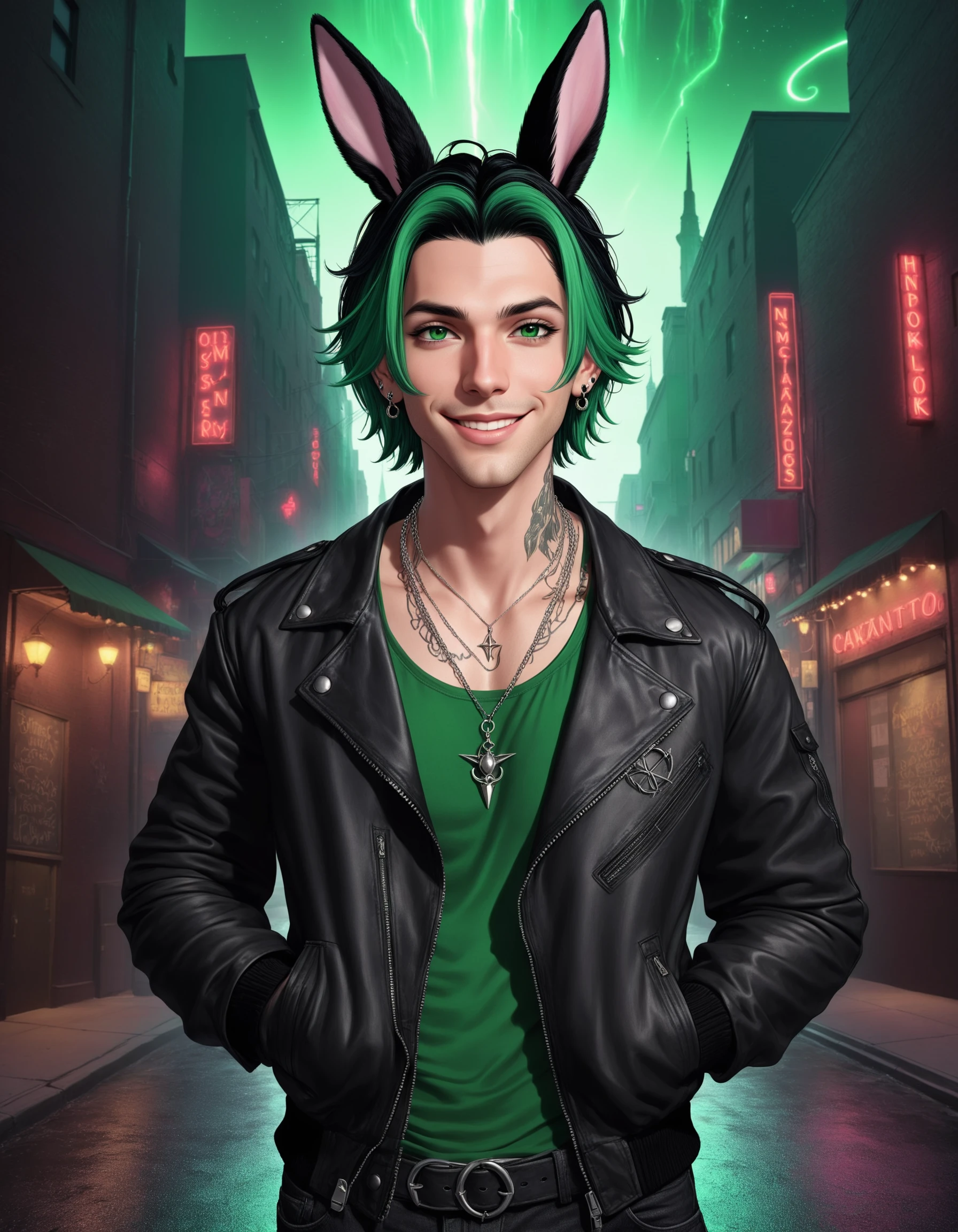1boy, Ender Christopher Lowell-Shoggoth, solo, looking at viewer, smile, shirt, black hair, jewelry, green eyes, jacket, upper body, male focus, green hair, open clothes, necklace, open jacket, lips, black jacket, crop top, tattoo, rabbit ears, pendant, leather, leather jacket, cinematic angle, cinematic lighting, masterpiece, best quality